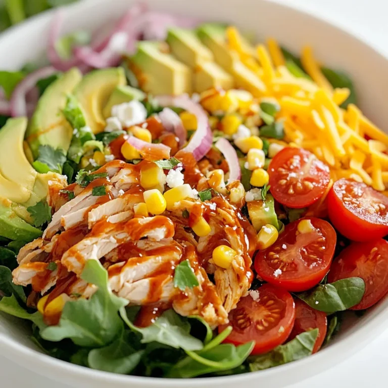 For a tasty BBQ chicken salad, gather these main ingredients: - 2 grilled chicken breasts, shredded - 4 cups mixed greens (spinach, arugula, and romaine) - 1 cup cherry tomatoes, halved - 1 cup corn kernels (fresh or canned) - 1 avocado, diced - ½ cup red onion, thinly sliced - ½ cup shredded cheese (cheddar or a blend) - ½ cup BBQ sauce (your favorite brand) - ¼ cup ranch dressing - Salt and pepper to taste - Fresh cilantro, chopped for garnish These ingredients blend well to create a balanced and colorful dish. The grilled chicken adds protein, while the greens and veggies provide fiber and nutrients. Choosing the right BBQ sauce is key. Look for a sauce that suits your taste. Sweet, smoky, or spicy options all work well. I prefer a sauce with a good balance of flavor. It should not overpower the salad but enhance it. You can also make your own BBQ sauce if you feel adventurous. Mix ketchup, vinegar, brown sugar, and spices for a quick, homemade version. You can add optional ingredients to elevate your BBQ chicken salad. Consider adding: - Black beans for extra protein - Jalapeños for heat - Bell peppers for crunch - Croutons for texture These extras can make your salad more exciting. Feel free to experiment and find your favorite combinations. Enjoy creating a dish that reflects your unique taste! {{ingredient_image_1}} Start with two chicken breasts. Heat your grill to medium-high. Place the chicken on the grill. Cook for about 6-7 minutes on each side. Check if the chicken is cooked through; it should reach 165°F inside. Once done, remove the chicken and let it cool. Use two forks to shred the chicken. Mix the shredded chicken with your favorite BBQ sauce. This adds flavor and moisture. Grab a large mixing bowl. Add 4 cups of mixed greens, which can include spinach, arugula, and romaine. Next, toss in 1 cup of halved cherry tomatoes. Add 1 cup of corn kernels. You can use fresh or canned corn. Then, add 1 diced avocado and ½ cup of thinly sliced red onion. Sprinkle in ½ cup of shredded cheese, like cheddar. Finally, add the BBQ chicken on top of the salad mix. Drizzle ranch dressing over your salad. Start with ¼ cup, adding more if you like. Season with salt and pepper to enhance the taste. Gently toss everything together to mix the flavors well. This step is key for a tasty salad. Serve it right away for the best flavor. Don't forget to garnish with freshly chopped cilantro for that extra burst of freshness! Grilling chicken can be simple and fun. Use boneless chicken breasts for quick cooking. Preheat your grill to medium-high heat. This helps get nice grill marks. Grill the chicken for 6-7 minutes on each side. Check if it is cooked through; the inside should reach 165°F. Let the chicken rest before shredding. This keeps it juicy and tender. To boost the flavor of your BBQ chicken salad, use fresh ingredients. Choose ripe avocados and sweet cherry tomatoes. Mix different greens like spinach and arugula for texture. A squeeze of lime juice adds brightness. You can also sprinkle in nuts or seeds for crunch. Don’t forget to use your favorite BBQ sauce. It ties all the flavors together. One common mistake is overcooking the chicken. This can make it dry and tough. Another mistake is using wilted greens. Always check for freshness when shopping. Be careful not to drown the salad in dressing. A little ranch goes a long way! Lastly, don’t skip the garnish. Fresh cilantro adds a burst of flavor. Pro Tips Choose Quality Chicken: Opt for organic or free-range chicken for a more flavorful and healthier option. Customize Your Greens: Feel free to mix in other greens like kale or spinach for added nutrients and variety. Perfect BBQ Sauce: Experiment with different BBQ sauces to find the flavor profile that suits your taste buds best. Fresh Garnish: Adding fresh herbs like cilantro or parsley not only enhances flavor but also adds a beautiful presentation. {{image_2}} If you want a veggie twist, swap out the chicken. Use smoky grilled tofu or tempeh instead. Both offer a great texture. Toss in your favorite BBQ sauce to add that smoky taste. You can also add black beans for protein. They boost fiber and flavor. Use a mix of crunchy veggies, like bell peppers and cucumbers. Try adding roasted corn for a sweet touch. This makes a filling, colorful salad that everyone will love. For a low-carb version, skip the corn and beans. Instead, add more greens. Use spinach, kale, or even shredded cabbage. You can toss in sliced radishes for a crunch. Grilled chicken is still perfect here. Choose a low-carb BBQ sauce to keep the flavors strong. You can also add cheese for extra taste. A sprinkle of feta or goat cheese works well. This way, you get a tasty meal without the carbs. BBQ sauces vary in flavor, and each brings a new vibe. For a sweet twist, use a honey BBQ sauce. It pairs nicely with the creamy avocado. If you like heat, try a spicy BBQ sauce. It adds a kick that wakes up your taste buds. For a tangy option, use a vinegar-based sauce. It brightens the salad and makes each bite refreshing. You can mix and match sauces with your veggies and proteins. This keeps your BBQ chicken salad exciting and full of flavor! To keep your BBQ chicken salad fresh, store it in an airtight container. Use a container that seals well to prevent air from getting in. Place it in the fridge right after serving. This helps keep the salad crisp and tasty. If you have extra BBQ sauce, store it separately. This way, it won’t make the greens soggy. When stored properly, BBQ chicken salad lasts about 3 days in the fridge. After that, the greens can wilt, and the chicken may lose its flavor. Always check for any signs of spoilage, like an off smell or change in color. If it looks or smells bad, throw it away. If you want to reheat the chicken, do it gently. Use the microwave for quick heating. Place the chicken in a bowl and cover it with a damp paper towel. This helps keep it moist. Heat it in short bursts, about 30 seconds at a time. Stir in between to avoid overcooking. Avoid reheating the whole salad, as it can ruin the fresh taste and texture. Yes, you can make BBQ Chicken Salad in advance. To do this, grill the chicken ahead of time. Shred it and mix it with BBQ sauce. Store the chicken in an airtight container in the fridge. Prepare the salad mix separately without the dressing. You can combine them on the day you serve it. This keeps the greens fresh and crisp. Great side dishes pair well with BBQ Chicken Salad. Here are some ideas: - Garlic bread - Coleslaw - Chips and salsa - Cornbread - Fruit salad Each side brings its own flavor and texture. They add more fun to your meal. BBQ Chicken Salad is quite healthy. It has lean protein from chicken. The mixed greens provide vitamins and minerals. Avocado adds healthy fats. The cheese and ranch dressing add flavor but should be used in moderation. Overall, it can fit well into a balanced diet. You can adjust the toppings to suit your health goals. BBQ chicken salad is a tasty dish with many flavors. We explored its main ingredients, like grilled chicken and BBQ sauce, plus fun add-ins. You learned how to grill chicken perfectly and build a delicious salad. Tips and tricks helped you avoid common mistakes. We also covered variations for everyone, including vegetarian options. Now, you can enjoy a great salad at home. Remember, the right BBQ sauce and fresh toppings make a big difference. Happy cooking!