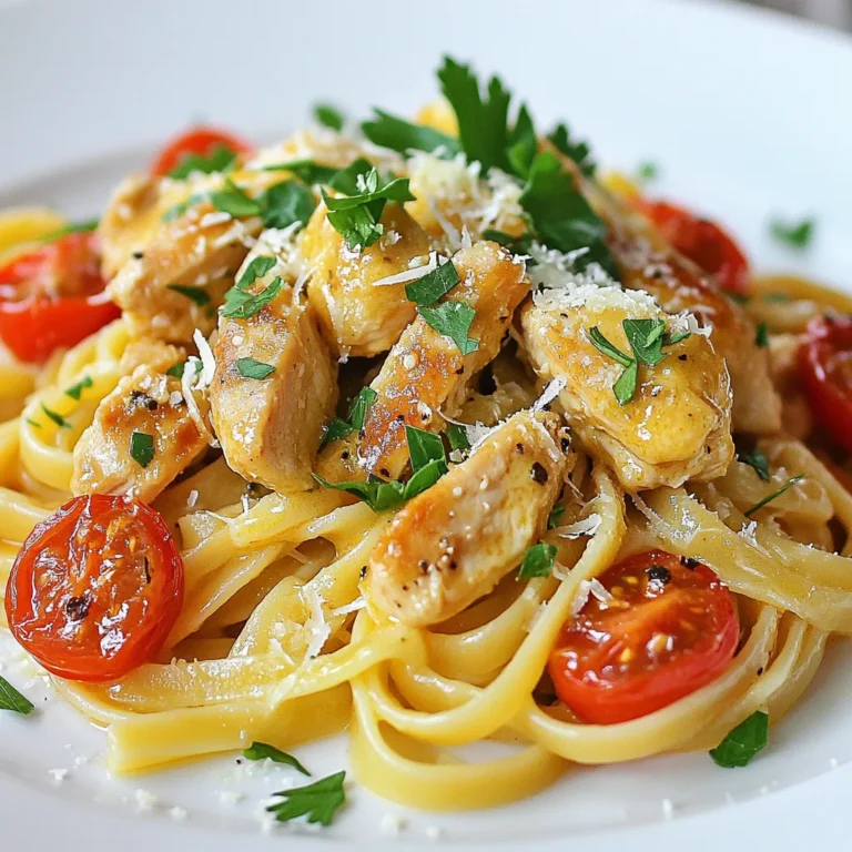 To make Cowboy Butter Chicken Linguine, gather these simple ingredients: - 8 oz linguine pasta - 2 boneless, skinless chicken breasts, diced - 1/2 cup unsalted butter - 4 cloves garlic, minced - 1 teaspoon smoked paprika - 1/2 teaspoon cayenne pepper - 1 teaspoon dried oregano - 1 teaspoon salt - 1/2 teaspoon black pepper - 1 cup cherry tomatoes, halved - 1/4 cup freshly squeezed lemon juice - 1/4 cup chopped fresh parsley - Grated Parmesan cheese for serving These fresh ingredients bring flavor and joy to this dish. The chicken adds protein, while the butter creates a rich sauce. Garlic and spices give it a kick. Cherry tomatoes add a sweet touch, and lemon juice brightens the dish. Fresh parsley and Parmesan finish it off, making it look and taste amazing. {{ingredient_image_1}} To start, bring a large pot of salted water to a boil. Add 8 ounces of linguine pasta. Cook it according to the package instructions until it is al dente. After cooking, drain the pasta. Be sure to save 1/2 cup of pasta water for later. Next, let’s cook the chicken. In a large skillet over medium heat, melt 4 tablespoons of unsalted butter. Add 2 diced chicken breasts to the pan. Season the chicken with salt, black pepper, smoked paprika, and cayenne pepper. Cook for about 5 to 7 minutes. When the chicken is browned and cooked through, remove it from the pan and set it aside. Now, it’s time to make the sauce. In the same skillet, add the remaining 1/4 cup of butter. Let it melt. Once melted, add 4 minced garlic cloves to the skillet. Sauté for 1 to 2 minutes until the garlic smells nice. Be careful not to let it burn. After that, add 1 cup of halved cherry tomatoes to the skillet. Cook them for 3 to 4 minutes. You want them soft but still holding their shape. Then, return the cooked chicken to the skillet. Mix everything together so the flavors blend. Now, pour in 1/4 cup of freshly squeezed lemon juice. Stir everything together. Slowly add the reserved pasta water to the skillet. Mix until the sauce is well combined and smooth. Finally, add the cooked linguine to the skillet. Carefully fold it into the sauce. Toss to coat the pasta evenly. Cook for another minute to let the flavors mix. Serve it hot, topped with chopped fresh parsley and grated Parmesan cheese. Enjoy! To make great linguine, start with a large pot of salted water. Bring it to a rolling boil. Add the linguine and stir it gently. Cook until it is al dente, usually about 8-10 minutes. Save 1/2 cup of pasta water before draining. This water helps make the sauce creamy. Cut the chicken into small pieces for even cooking. Heat 4 tablespoons of butter in a skillet over medium heat. Once melted, add the chicken. Season with salt, black pepper, smoked paprika, and cayenne pepper. Cook it for 5-7 minutes until golden brown. Always check that the chicken is cooked through before serving. Use fresh garlic for a strong flavor. Sauté it until it smells nice, but do not burn it. Add the cherry tomatoes to the cowboy butter and cook until soft. This adds a sweet taste that pairs well with the spices. A squeeze of fresh lemon juice brightens the dish. Serve the Cowboy Butter Chicken Linguine warm. Top it with fresh parsley and grated Parmesan cheese. This adds color and flavor. Pair it with a fresh salad or garlic bread for a complete meal. Enjoy every bite! Pro Tips Use Fresh Ingredients: Fresh garlic and parsley can significantly enhance the flavor of your Cowboy Butter Chicken Linguine. Adjust the Spice Level: If you prefer a milder dish, reduce the cayenne pepper or omit it entirely. Perfectly Cooked Pasta: Make sure to cook the linguine al dente to avoid mushiness when combined with the sauce. Reserve Pasta Water: The starchy pasta water helps to thicken the sauce and bind it to the pasta, making for a creamier dish. {{image_2}} If you want a twist, you can swap chicken for shrimp or tofu. Shrimp cooks fast and adds a nice seafood flavor. Tofu, on the other hand, is great for a plant-based meal. Just make sure to press the tofu first to get rid of excess water. Then, cube it and sauté until golden. For a gluten-free dish, use gluten-free linguine. Many brands offer great options that taste just as good. You can also try zucchini noodles or spaghetti squash. Both add a fresh crunch and are low in carbs. Adding veggies makes this dish even better. Try bell peppers, spinach, or mushrooms. Cook them with the chicken to soak up all the flavors. You can even toss in some peas for color and sweetness. Feel free to mix and match based on what you have on hand. You can store leftover Cowboy Butter Chicken Linguine in an airtight container. Make sure to let it cool down first. Place it in the fridge for up to three days. If you want to keep it longer, freezing is a great option. To reheat, take the pasta out of the fridge. You can use a microwave or a skillet. If using a microwave, cover the dish and heat for about two minutes. Stir halfway through to ensure even heating. In a skillet, add a splash of water and heat on low until warm. To freeze Cowboy Butter Chicken Linguine, portion it into small containers. Make sure to leave some space at the top, as the pasta will expand. Label the containers with the date. It can last in the freezer for up to three months. When ready to eat, thaw it in the fridge overnight before reheating. Yes, you can use different pasta shapes. Penne or fettuccine work well. Each pasta has its own taste and texture. Choose what you like best. Just keep cooking times in mind. To add heat, use more cayenne pepper. You can also add diced jalapeños or red pepper flakes. Start with a little and taste as you go. This way, you can find your perfect spice level. Great sides include garlic bread, a fresh salad, or steamed veggies. These sides balance the rich flavors of the dish. Choose sides that are light and refreshing to complement the meal. Cowboy Butter Chicken Linguine lasts about three to four days in the fridge. Store it in an airtight container for best results. Reheat gently, so the pasta and chicken stay tender. This blog post shared a tasty recipe for Cowboy Butter Chicken Linguine. We covered the key ingredients, from pasta to fresh parsley. I detailed easy steps to cook the dish and included helpful tips to enhance flavor. We also explored variations and storage tips for leftovers. In summary, this dish is simple and full of flavor. It’s perfect for any dinner. Enjoy making it your own, and happy cooking!