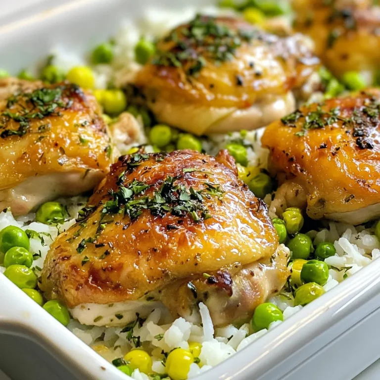 - 4 bone-in, skin-on chicken thighs - 1 cup jasmine rice - 2 cups low-sodium chicken broth - 1 medium onion, chopped - 2 garlic cloves, minced - 1 teaspoon dried thyme - 1 teaspoon dried rosemary - 1 teaspoon paprika - 2 tablespoons olive oil - Salt and pepper to taste - 1 cup frozen peas - Fresh parsley, chopped (for garnish) To make this oven-baked chicken and rice, you need a few key ingredients. First, we use bone-in, skin-on chicken thighs. The skin adds crispiness, and the bones keep the meat juicy. Next, jasmine rice gives a nice aroma and taste to the dish. Low-sodium chicken broth brings depth and flavor without too much salt. Chopped onion and minced garlic add a savory base that makes the dish smell great. For herbs, we add dried thyme and rosemary, which pair well with chicken. A sprinkle of paprika adds color and a hint of spice. We’ll also need olive oil to sauté the onion and garlic. For seasoning, salt and pepper enhance all the flavors. Frozen peas add a pop of color and sweetness. Finally, fresh parsley makes a lovely garnish and adds freshness to the dish. These ingredients come together to create a warm, hearty meal that the whole family will enjoy. Each one plays a vital role, so don’t skip any! {{ingredient_image_1}} - Preheat to 375°F (190°C). - In a large oven-safe dish, drizzle 2 tablespoons of olive oil. - Add 1 medium chopped onion and 2 minced garlic cloves. - Sauté them in the oven for about 5 minutes. The smell will be amazing! - Remove the dish from the oven (be careful!). - Add 1 cup of jasmine rice and 2 cups of low-sodium chicken broth. - Sprinkle in 1 teaspoon of dried thyme, 1 teaspoon of dried rosemary, and 1 teaspoon of paprika. - Season with salt and pepper to taste. Stir everything to mix well. - Nestle 4 bone-in, skin-on chicken thighs skin-side up into the rice. - Ensure they are mostly covered by the rice mixture. - Cover the dish tightly with aluminum foil. - Bake in the preheated oven for 35 minutes. - After 35 minutes, carefully remove the foil. - Sprinkle 1 cup of frozen peas on top. - Return to the oven uncovered and bake for another 15 minutes. - Check that the chicken skin is golden brown and reaches 165°F (74°C) inside. - Let the dish rest for 5 minutes before serving. Top with fresh chopped parsley for a nice touch! To get that crispy skin on your chicken, seasoning is key. I always use salt and pepper generously. You can add paprika for a smoky flavor. This seasoning draws out moisture and enhances the taste. When baking, keep the skin side up. This allows the fat to render properly. Starting with a high oven temperature helps, too. Make sure to check the chicken at the end. It should be golden brown and reach 165°F (74°C) inside. Boost the flavor of your dish by adding herbs and spices. Fresh herbs like thyme or rosemary can give a bright taste. If you want a bit of heat, try adding some crushed red pepper flakes. You can also mix in veggies. Peas are a great choice for color and sweetness. Carrots or bell peppers work well, too. Just toss them in during the last part of baking. One common mistake is over- or under-cooking the rice. Make sure you use enough liquid for the rice to soak up. The chicken broth helps here. Another mistake is not using enough liquid, which can lead to dry rice. Always double-check your measurements. This will keep your chicken and rice moist and delicious. Pro Tips Use Fresh Herbs: Fresh herbs can elevate the flavor of this dish significantly. If available, substitute dried thyme and rosemary with fresh ones for a vibrant taste. Perfect Rice Texture: For perfectly fluffy rice, ensure you fluff it gently with a fork after it’s done cooking, allowing steam to escape and preventing it from becoming gummy. Chicken Skin Crispiness: If you prefer extra crispy chicken skin, broil the dish for the last 2-3 minutes of cooking time but keep an eye on it to prevent burning. Meal Prep Friendly: This dish is great for meal prep. You can make it ahead of time and store it in the fridge for up to three days or freeze portions for later use. {{image_2}} You can switch chicken thighs for breasts if you prefer leaner meat. Breasts cook faster, so check them a bit sooner. Using bone-in drumsticks is another option. They stay juicy and add more flavor. Drumsticks can be fun for kids and adults alike! Brown rice is a great choice for more fiber. It will take longer to cook, so adjust the broth and baking time. Jasmine rice offers a lovely aroma and fluffy texture. You can also try quinoa or couscous. Both are quick-cooking and add a nice twist. If you want a meat-free meal, mushrooms work well. They have a savory taste and meaty texture. Use vegetable broth instead of chicken broth for a rich flavor. This change keeps the dish hearty and satisfying. To keep your oven-baked chicken and rice fresh, follow these steps: - Refrigeration guidelines: Place leftovers in an airtight container. Store them in the fridge within two hours of cooking. They stay good for up to three days. - Freezing tips: If you want to keep leftovers longer, you can freeze them. Use a freezer-safe container or bag. Label it with the date. Frozen meals are best used within three months for optimal taste. When it’s time to enjoy your leftovers, you can reheat them easily: - Oven reheating versus microwave: For the best texture, use the oven. Preheat it to 350°F (175°C). Place the dish covered with foil for about 20 minutes. If using a microwave, heat in short bursts, stirring in between. - Maintaining texture and flavor: To keep the chicken skin crispy, avoid reheating in the microwave. Always cover the dish with foil in the oven to keep moisture in. Knowing how long your meal lasts is important: - How long it lasts in the fridge: Properly stored, the dish lasts up to three days in the fridge. - Signs of spoilage: Check for changes in color or smell. If the rice looks dry or the chicken feels slimy, it’s best to toss it. Baking chicken and rice takes about 55 minutes. This includes 10 minutes of prep time and 45 minutes of cooking. First, you will bake the dish covered for 35 minutes. Then, uncover it and add peas for the last 15 minutes. The chicken must reach an internal temperature of 165°F (74°C) to be safe to eat. Yes, you can prepare this dish in advance. You can chop the onions and mince the garlic a day before. Mix the rice and broth in the dish, then store it covered in the fridge. You can add the chicken and cook it the next day. This saves time and makes meal prep easier. Some great side dishes include: - Steamed broccoli: Adds color and nutrition. - Mixed green salad: Fresh greens make a nice contrast. - Roasted vegetables: Carrots or Brussels sprouts pair well. - Crusty bread: Perfect for soaking up extra sauce. These sides balance the rich flavors of chicken and rice while adding freshness. Enjoy your meal! This blog post covered all you need for a tasty chicken and rice dish. We discussed the key ingredients, step-by-step instructions, and tips for the perfect bake. You learned about variations and how to store leftovers safely. Baking chicken thighs with rice is simple and rewarding. With these steps, you can create a meal that pleases everyone. Keep experimenting with flavors and find what you love best. Enjoy your cooking journey and the delicious meals ahead!