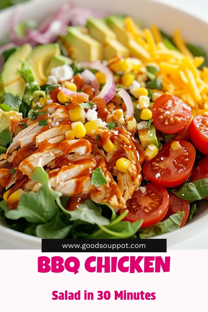Looking for a fresh and delicious meal? Try this BBQ chicken salad recipe that's perfect for summer! This grilled chicken salad with BBQ sauce is packed with nutritious ingredients like mixed greens, corn, and avocado, making it one of the best healthy BBQ chicken salads you can enjoy. It's an easy salad recipe ready in just 30 minutes! Save this recipe and impress your family with a delightful dish today! #BBQChickenSalad #HealthySalads #EasyRecipes #SummerSalads