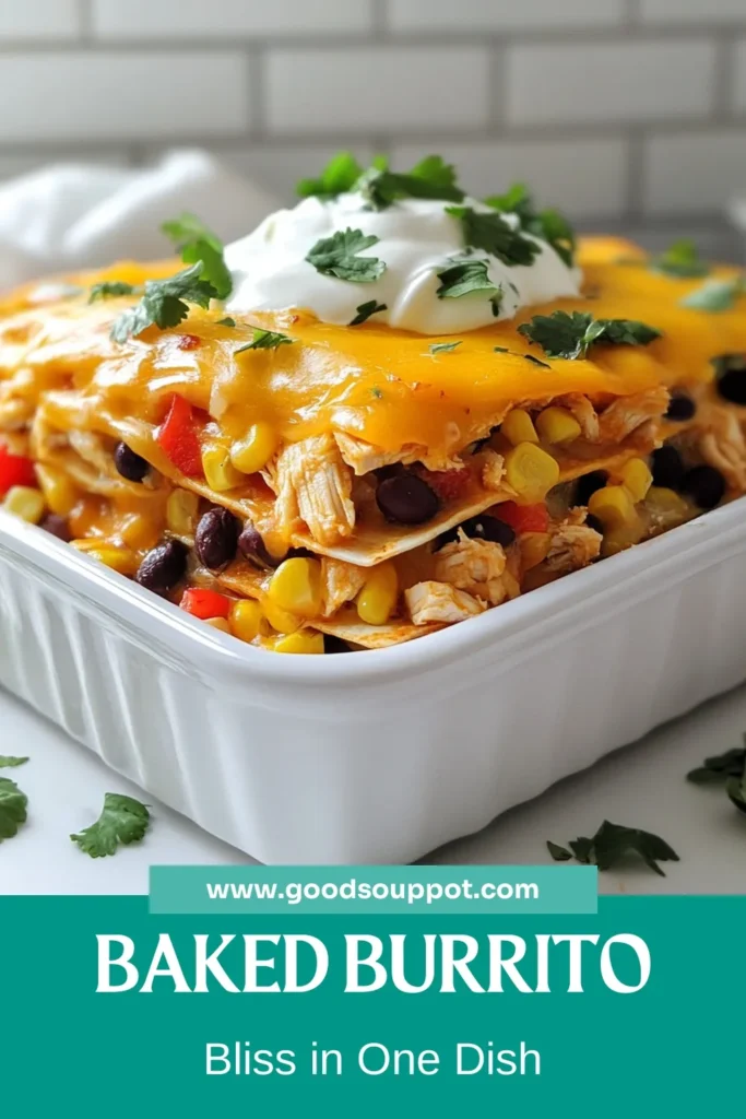 Looking for a quick meal? Try this Fiesta Chicken Burrito Bake! This delicious one-pan chicken dinner combines shredded chicken, black beans, corn, and cheesy goodness for a perfect family meal. It's also an easy chicken burrito recipe that doubles as a mouthwatering chicken enchilada bake. Perfect for busy nights! Save this cheesy burrito casserole for your next dinner! #ChickenDinner #BurritoBake #EasyRecipe #CasseroleLove