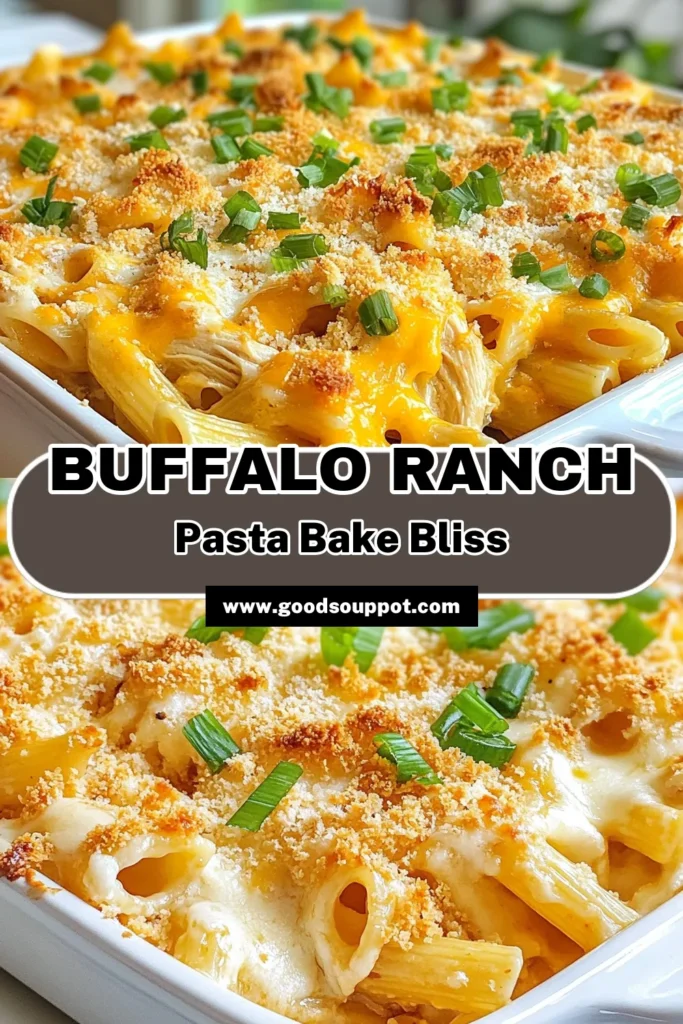 Looking for a delicious twist on dinner? Try this Buffalo Ranch Pasta Bake! Packed with flavors, this creamy buffalo pasta blends shredded chicken and buffalo sauce for the ultimate cheesy buffalo chicken casserole. It's one of the easiest pasta bake recipes you'll make, perfect for feeding a crowd. Ideal for busy weeknights, this buffalo chicken pasta recipe will become a family favorite. Save it for your next meal! #BuffaloRanchPastaBake #EasyPastaBakeRecipes #BuffaloChickenPastaRecipe #CreamyBuffaloPasta