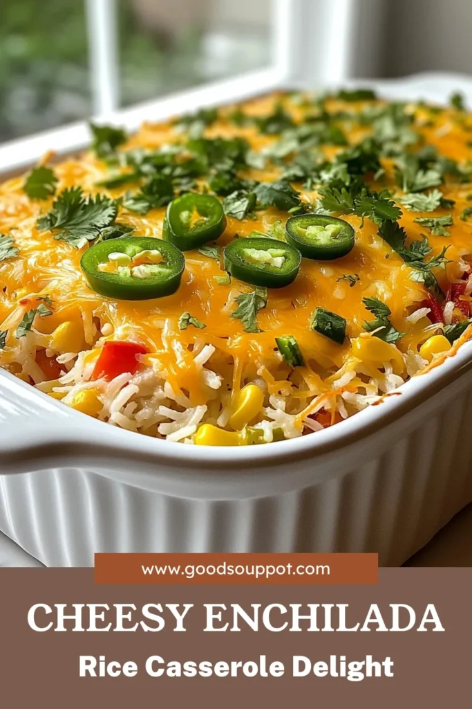 Discover the ultimate comfort food with this Cheesy Chicken Enchilada Casserole! This Chicken Enchilada Rice Recipe combines tender chicken, cooked rice, and zesty enchilada sauce for a delightful Easy Rice Casserole with Chicken. Perfect for family dinners, this Mexican Rice Casserole will become a household favorite. Try this Cheesy Enchilada Bake for a quick and delicious meal! Save this recipe for later! #ChickenEnchiladaCasserole #RiceCasserole #MexicanRecipe #EasyDinnerIdeas