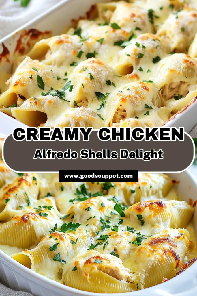 Indulge in the ultimate comfort food with these Creamy Chicken Alfredo Stuffed Shells! This Jumbo Pasta Shells Recipe is filled with shredded chicken, ricotta, and mozzarella, all smothered in rich Alfredo sauce. Perfect for a family dinner, these Chicken Alfredo Stuffed Shells are easy to prepare and sure to impress. Try this Baked Stuffed Shells with Alfredo today and enjoy a deliciously cheesy experience! Save this Easy Stuffed Pasta Recipe for later! #ChickenAlfredo #StuffedShells #PastaLovers #DinnerRecipes