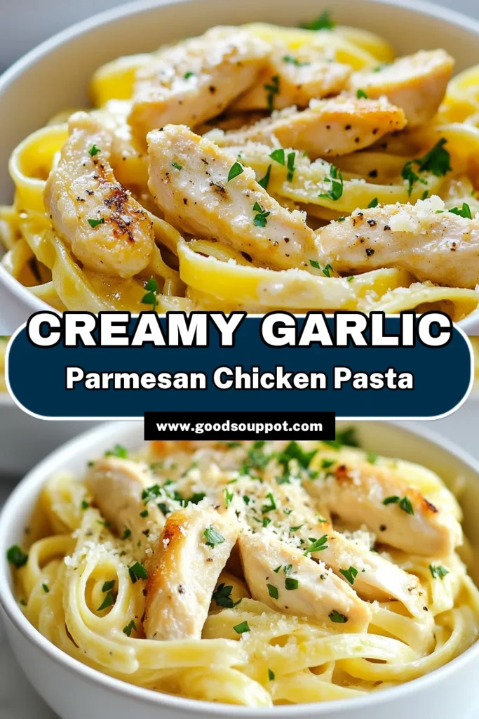 Indulge in this easy and delicious Garlic Parmesan Chicken Pasta, a perfect Chicken Alfredo recipe for a quick weeknight dinner. Rich and creamy, this Garlic Pasta combines tender fettuccine with chicken in a flavorful garlic and Parmesan sauce. Ready in just 30 minutes, it's the ultimate easy pasta dinner for busy nights. Save this recipe and impress your family tonight! #GarlicParmesanChickenPasta #EasyPastaDinner #ChickenAlfredoRecipe #CreamyGarlicPasta