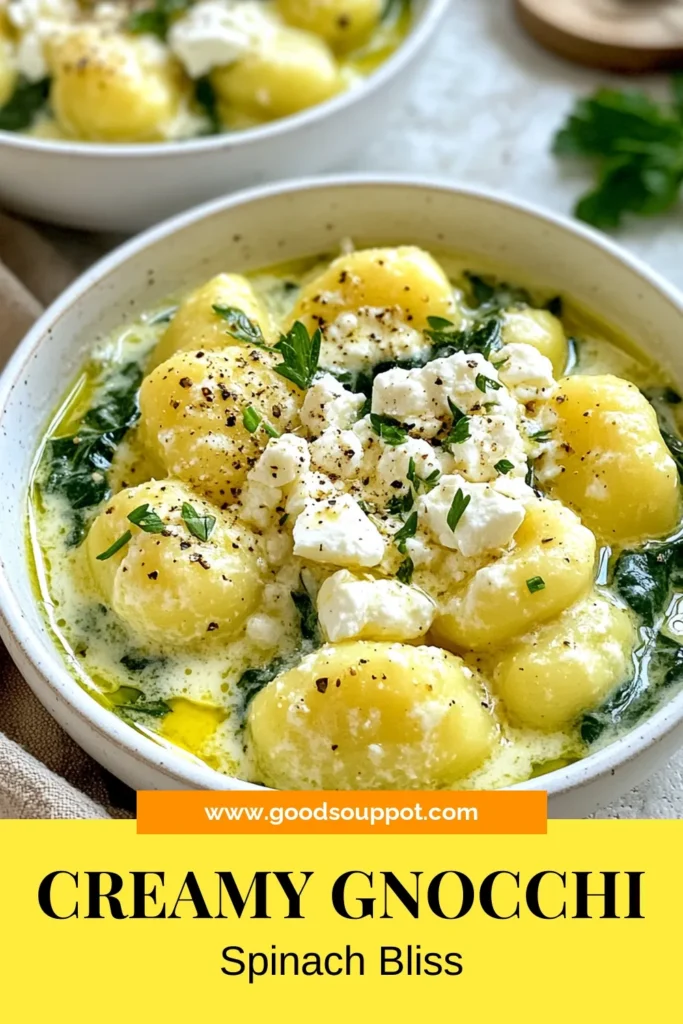 Indulge in this creamy gnocchi recipe featuring fresh spinach and feta for a delicious vegetarian gnocchi dish. This easy gnocchi recipe combines tender potato gnocchi with a rich spinach and cream sauce, topped with crumbled feta for extra flavor. Perfect for a cozy dinner! Try this spinach feta gnocchi that will impress your family and friends. Save this recipe now! #creamygnocchi #vegetariandinner #easyrecipe #gnocchirecipes