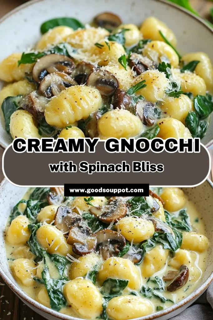 Discover the perfect blend of flavors with this creamy mushroom gnocchi! This vegetarian gnocchi dish combines tender gnocchi with a rich mushroom pasta sauce, fresh spinach, and easy cream. Ideal for a quick and satisfying meal, this spinach gnocchi recipe is sure to impress. Try this easy gnocchi with cream today! Save this recipe for a delicious dinner idea! #CreamyMushroomGnocchi #VegetarianGnocchi #MushroomPasta #EasyGnocchi