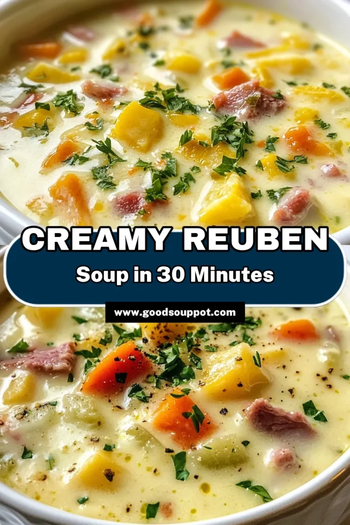 Warm up with our delicious creamy Reuben soup recipe that's a breeze to make! This easy Reuben soup combines tender corned beef, tangy sauerkraut, and melted Swiss cheese for a hearty meal in just 30 minutes. Perfect for chilly days, this corned beef soup and sauerkraut soup will satisfy your cravings. Don't forget to save this Swiss cheese soup for your next comfort food fix! #ReubenSoup #ComfortFood #EasyRecipes #SoupLovers