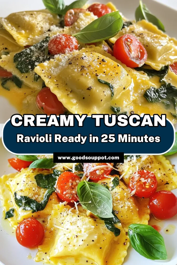 Indulge in this Creamy Tuscan Ravioli recipe, perfect for busy weeknights! This easy ravioli dish combines cheese ravioli with spinach, sun-kissed cherry tomatoes, and a rich creamy sauce. In just 25 minutes, you’ll create a delicious Italian pasta recipe that the whole family will love. Save this quick weeknight dinner recipe for your next meal! #CreamyTuscanRavioli #EasyRavioliDish #ItalianPastaRecipes #QuickDinnerIdeas