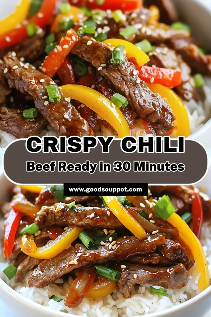 Discover the perfect weeknight dinner with this Crispy Chili Beef Recipe. Made with tender flank steak stir fry, vibrant bell peppers, and fluffy jasmine rice with beef, it creates a delicious Chili Beef Rice Bowl that your family will love. This easy beef and vegetable stir fry comes together in just 30 minutes. Save this recipe for your next meal inspiration and enjoy a hearty, flavorful dish! #CrispyChiliBeef #FlankSteakStirFry #ChiliBeefRiceBowl #EasyBeefRecipe