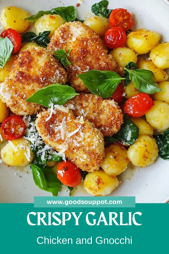 Discover the perfect weeknight meal with this Crispy Garlic Chicken and Gnocchi Recipe! This easy chicken dinner features juicy, golden brown chicken paired with tender gnocchi, sautéed spinach, and cherry tomatoes. Elevate your dinner with this delicious Garlic Chicken with Spinach and enjoy a delightful dish that's sure to impress. Click now to save this recipe for your next family meal! #CrispyGarlicChicken #GnocchiRecipe #EasyChickenDinner #ChickenAndGnocchi