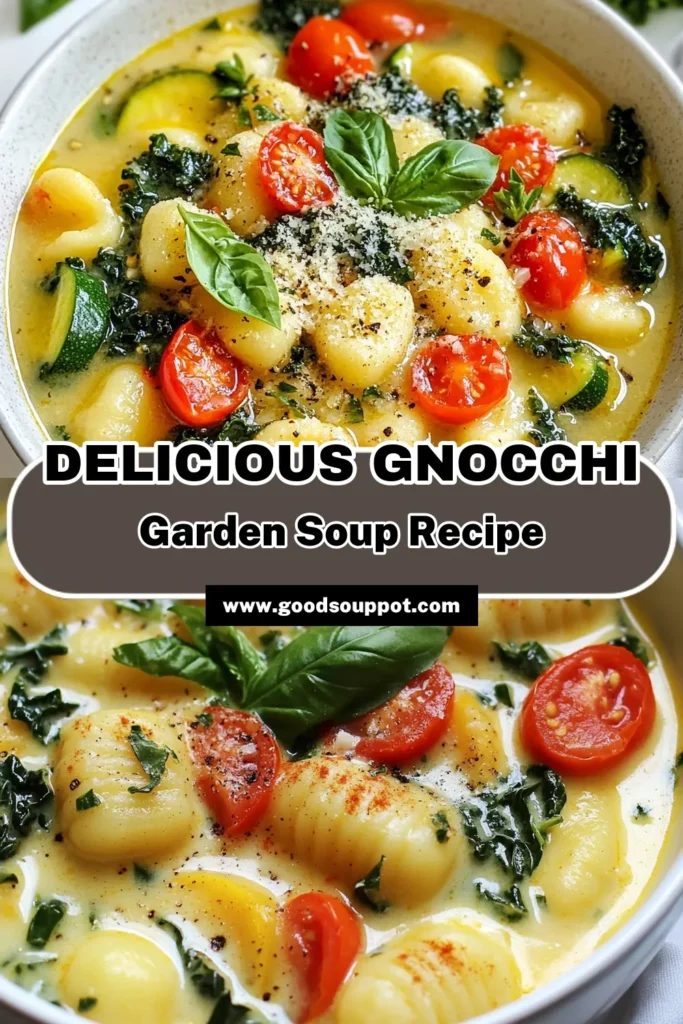 Discover the ultimate comfort food with this Gnocchi Soup Collection! This easy gnocchi recipe features a delicious vegetable soup with gnocchi, packed with fresh garden vegetables like zucchini, cherry tomatoes, and kale. Perfect for a healthy meal, this healthy soup recipe is ready in just 20 minutes. Don't miss out on the cozy warmth of our Gnocchi Garden Delight Soup. Save this gnocchi soup recipe for your next dinner! #GnocchiSoup #HealthyRecipes #SoupLovers #EasyRecipes