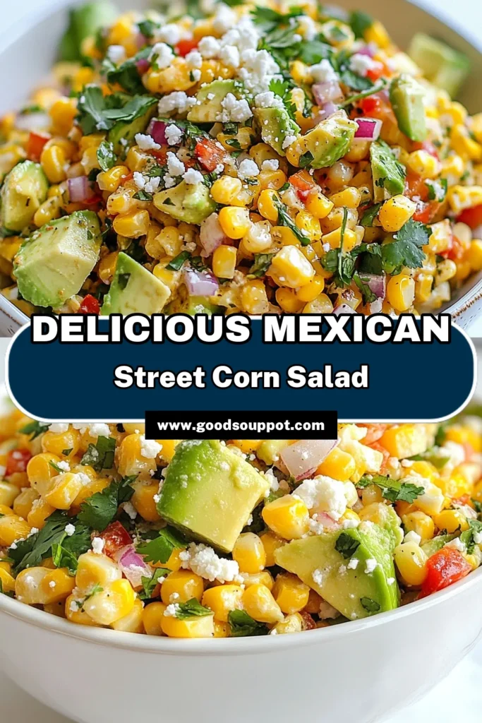 Discover the vibrant flavors of Mexican Street Corn Salad, a delightful twist on a classic! This Grilled Corn Salad Recipe combines fresh corn, creamy avocado, and crumbled cotija cheese for an easy corn salad with avocado that’s perfect for any occasion. Elevate your BBQs with this crowd-pleasing Mexican Street Corn Recipe. Ready in just 45 minutes and bursting with taste, this salad is a must-try! Pin it now for your next gathering! #MexicanStreetCornSalad #EasyCornSalad #GrilledCornSaladRecipe #CotijaCheeseSalad