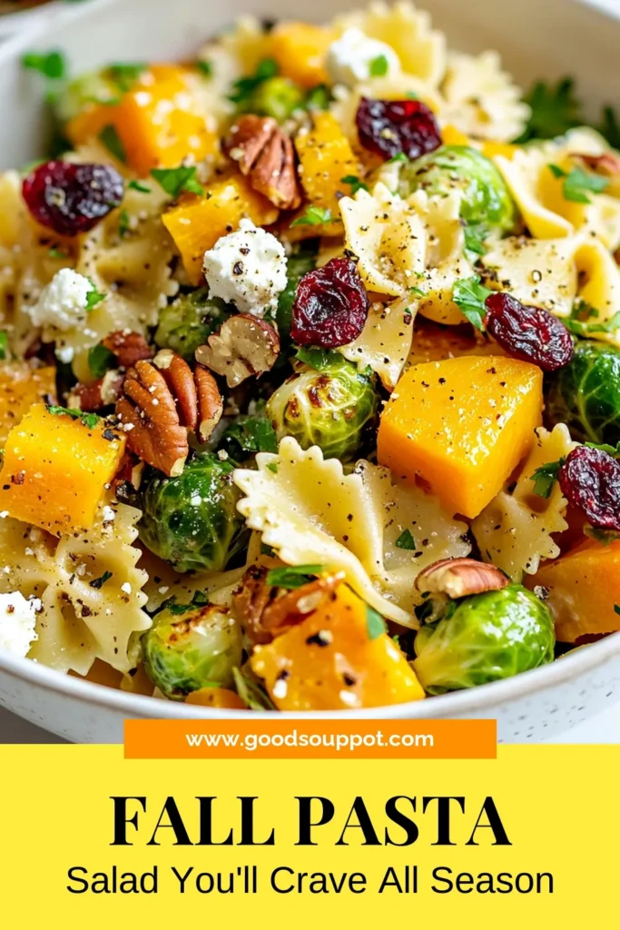 Discover the perfect fall pasta salad with this Fall Harvest Pasta Salad recipe featuring roasted butternut squash and Brussels sprouts. This vibrant roasted vegetable pasta is ideal for Thanksgiving side dishes, combining delightful flavors from dried cranberries, goat cheese, and toasted pecans. Make this delicious pasta salad recipe to impress your guests this season. Save and share this recipe today! #FallPastaSalad #ButternutSquashSalad #ThanksgivingSideDish #PastaSaladRecipe