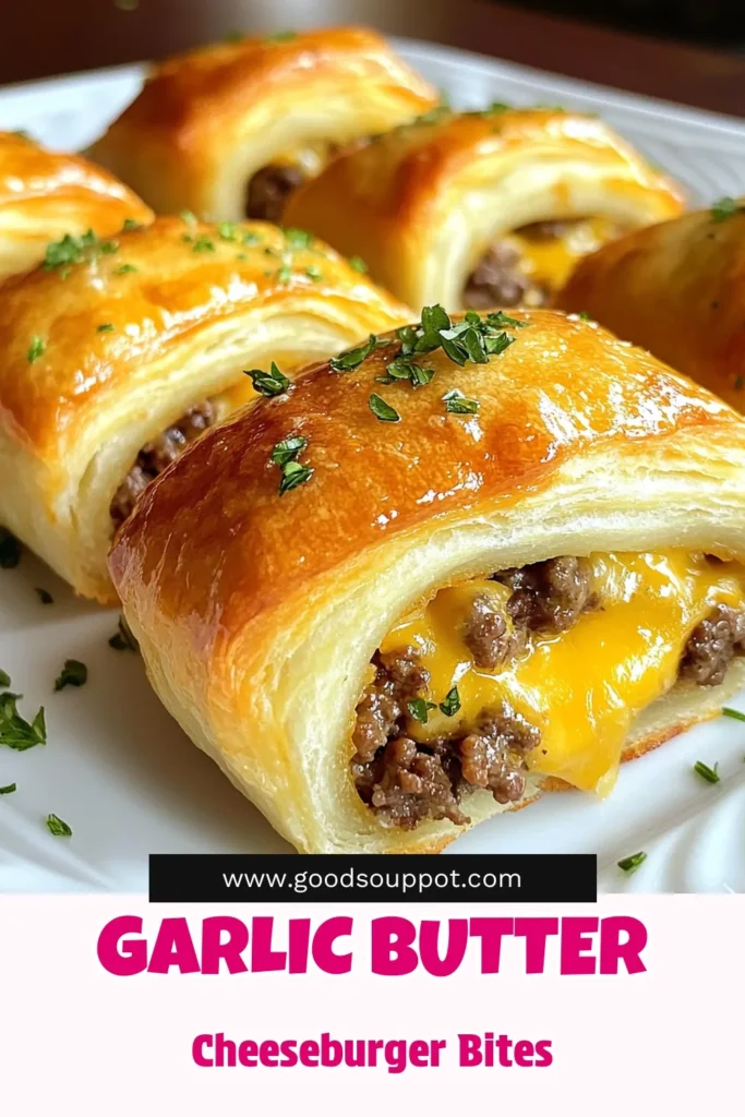 Delight your taste buds with these Garlic Butter Cheeseburger Rollups! This easy cheeseburger recipe combines ground beef, creamy cheeses, and savory garlic in flaky crescent roll appetizers that are perfect for any occasion. Whether you're hosting a party or craving cheesy garlic snacks, these ground beef rollups are sure to impress. Try this quick and delicious recipe today! Don't forget to save it for later! #CheeseburgerRollups #EasyRecipes #CrescentRolls #SnackIdeas