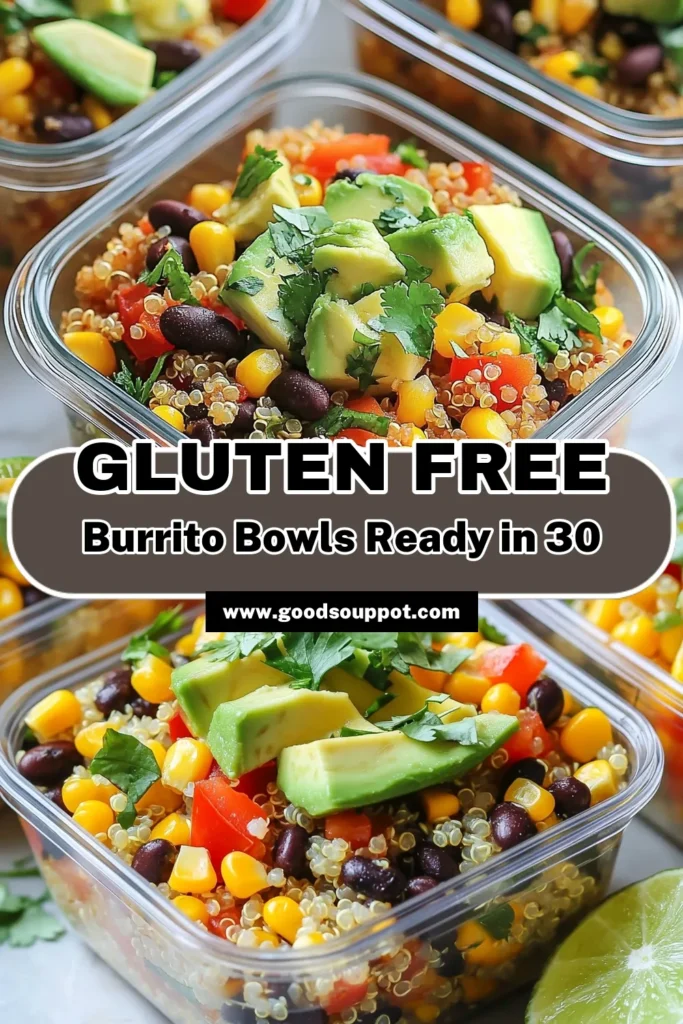 Enhance your meal prep with these delicious gluten free burrito bowls! Perfectly balanced and filled with healthy ingredients, this meal prep quinoa bowl features a tasty quinoa and black bean recipe that's both vegan and nutritious. Whether you're seeking vegan meal prep ideas or just a healthy burrito bowl recipe for the week, these bowls are a vibrant, satisfying choice. Save this recipe for easy meal prep! #GlutenFree #MealPrep #VeganRecipes #HealthyEating