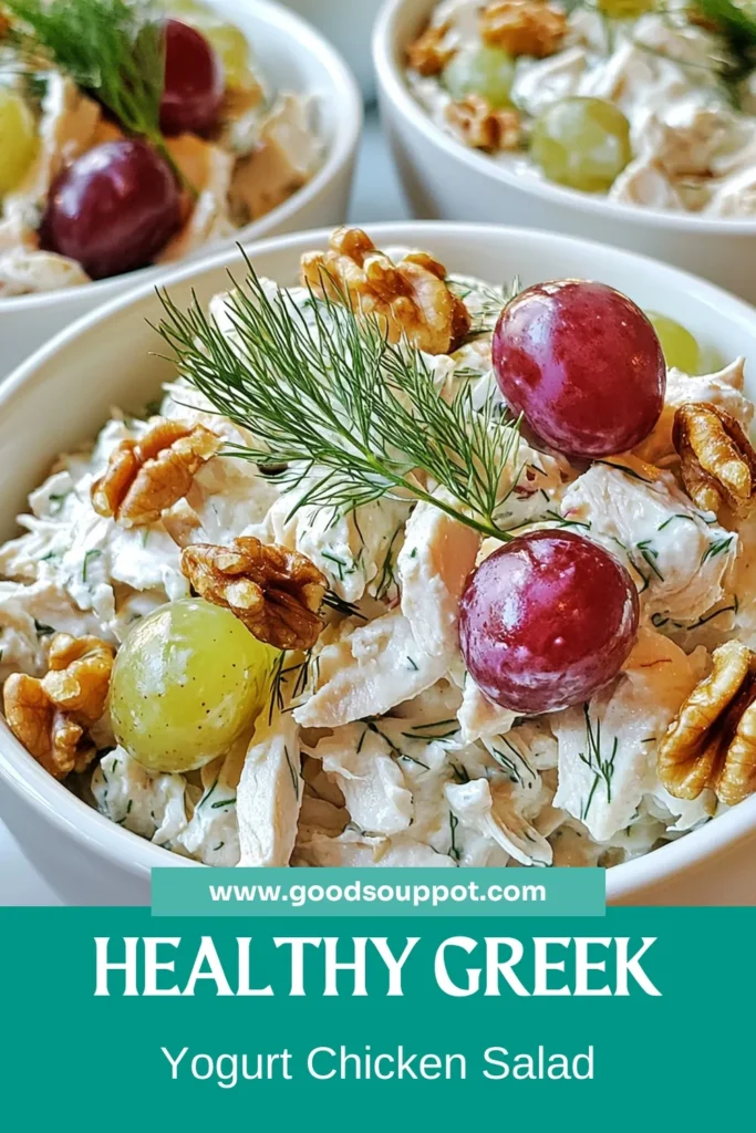Discover the ultimate Greek yogurt chicken salad, a healthy chicken salad recipe that combines delicious flavors with nutrition! This easy chicken salad with yogurt is perfect for a light lunch or a picnic. Packed with protein and Mediterranean flair, it features tender chicken, crunchy veggies, and sweet grapes. Try this protein-packed salad recipe today and elevate your meal prep! Save this recipe for later! #GreekYogurtChickenSalad #HealthyEating #MealPrep #MediterraneanDiet