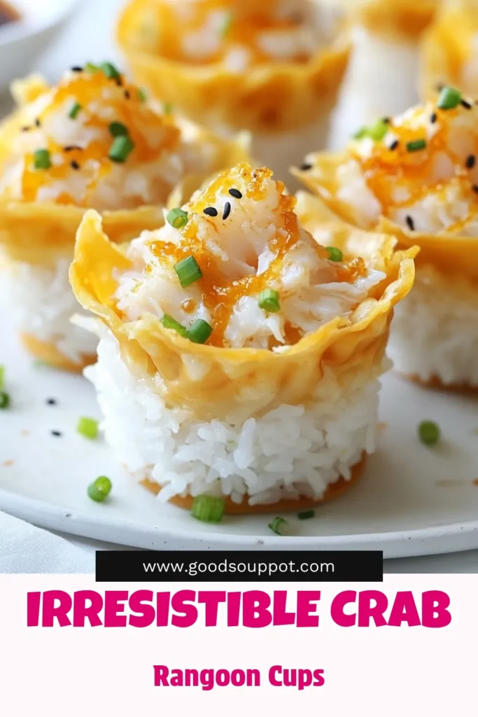 Discover the deliciousness of Crab Rangoon Sushi Cups, a fun twist on a classic appetizer! This easy crab sushi recipe combines fluffy sushi rice and a creamy crab filling, all nestled in crunchy wonton cups. Perfect as a wonton cups appetizer for your next gathering! Don't miss out on this flavorful cream cheese crab dip recipe—it's sure to impress. Save this recipe now to elevate your appetizer game! #CrabRangoonSushiCups #SushiRiceRecipe #WontonCupsAppetizer #EasyCrabSushiRecipe