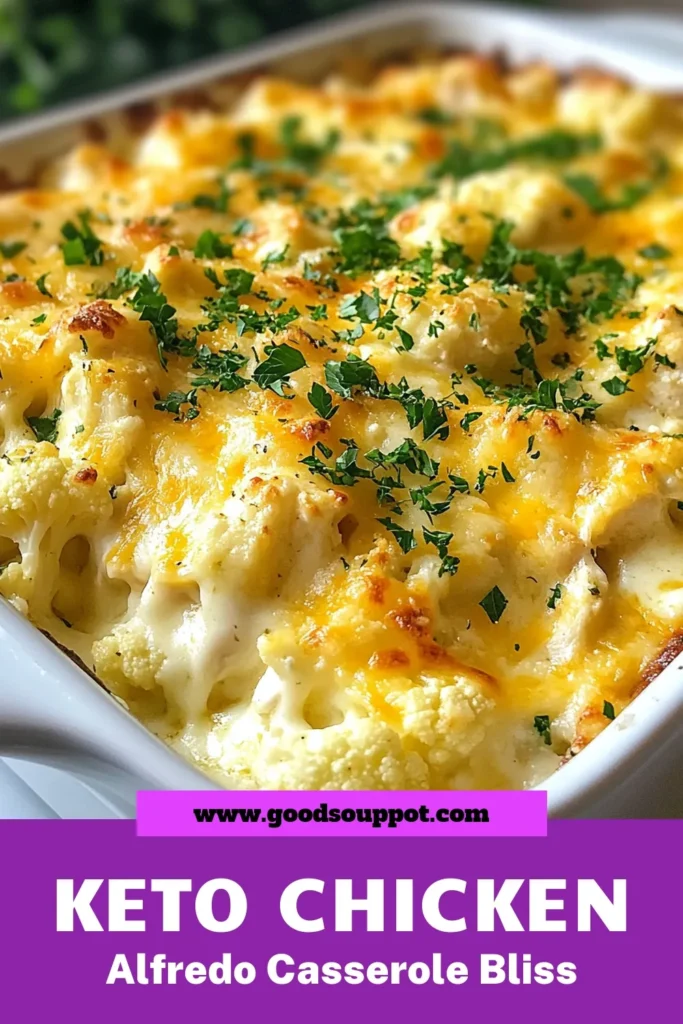 Savor the flavors of this delicious Keto Chicken Alfredo Casserole, a perfect low carb chicken Alfredo dish that's creamy and satisfying. This creamy chicken casserole recipe blends tender chicken with cauliflower for a healthy twist, making it one of the best keto casserole recipes around. Easy to make and loaded with cheese, it’s a must-try for Keto and low carb enthusiasts. Save this recipe now for your next family meal! #KetoRecipes #LowCarbCooking #HealthyEating #CasseroleRecipes