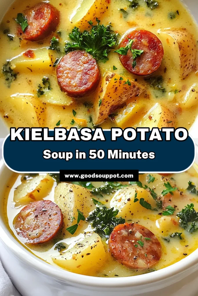 Warm up with this delicious kielbasa potato soup, a creamy kielbasa soup that's perfect for chilly days. This easy potato soup recipe combines hearty kielbasa, tender potatoes, and nutrient-rich kale, making it a satisfying meal. Ready in just 50 minutes, this potato kale soup is sure to be a family favorite. Save this recipe for a cozy night in! Try it and let the flavors amaze you. #KielbasaPotatoSoup #HeartyKielbasaRecipes #EasyPotatoSoup #CreamyKielbasaSoup