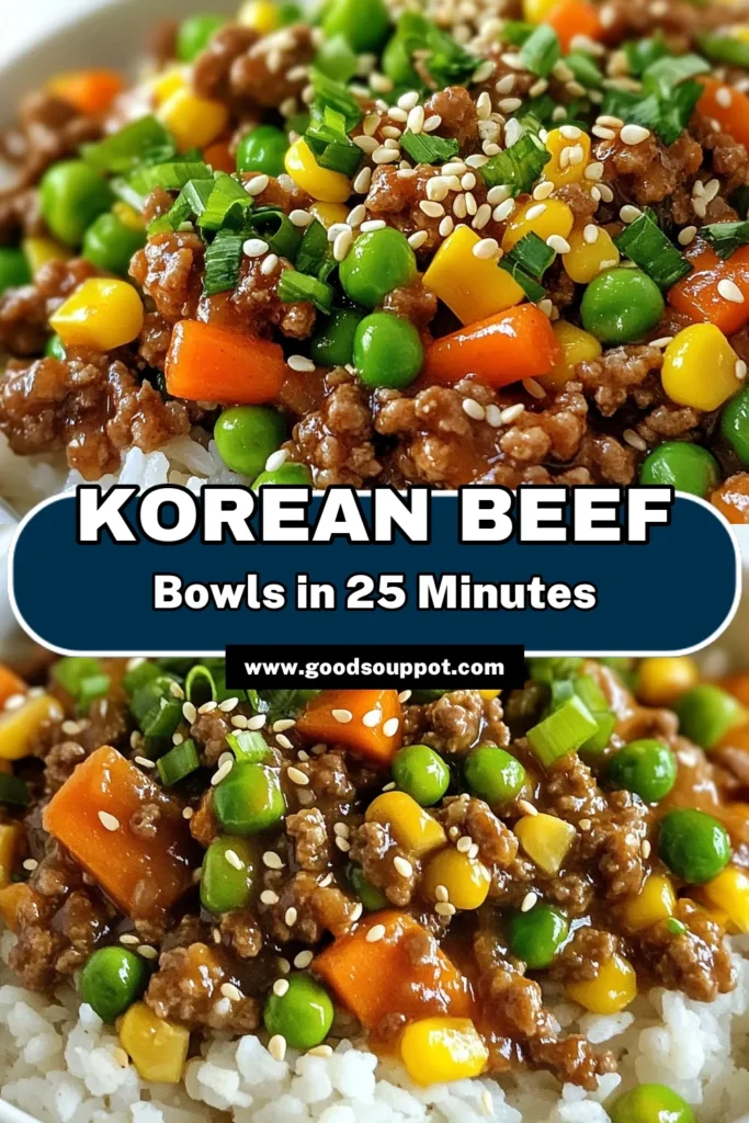 Discover the ultimate Korean ground beef recipe with these easy beef bowls! Perfect for a quick dinner recipe, this dish combines flavorful ground beef and rice with vibrant veggies. Ready in just 25 minutes, it’s an ideal weeknight meal that everyone will love. Whip up this delicious Korean beef stir fry and enjoy a satisfying dinner tonight. Don't forget to save this recipe for later! #KoreanBeef #EasyDinner #GroundBeefRecipe #QuickMeals
