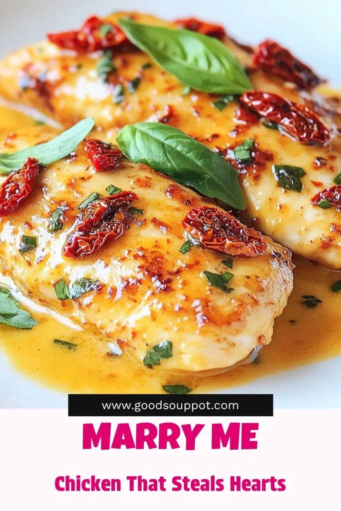 Discover the delicious Marry Me Chicken recipe, a creamy chicken dish that will impress your loved ones! This easy chicken dinner features tender chicken breasts in a rich sun-dried tomato sauce, making it the perfect Italian chicken recipe for any occasion. Ready in just 30 minutes, it's a must-try for weeknight meals. Click for the full recipe and don't forget to save it for later! #MarryMeChicken #EasyDinner #ItalianRecipes #ChickenDinner