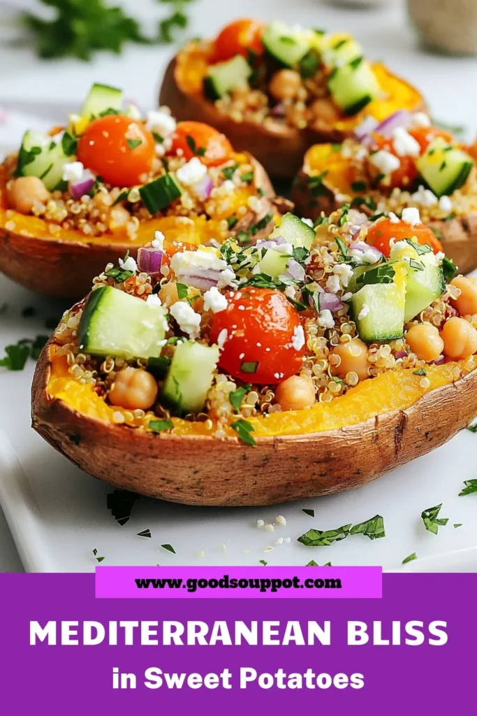 Try these Mediterranean stuffed sweet potatoes for a delicious and healthy twist on vegetarian sweet potato dishes. Packed with nutrients, this recipe combines quinoa and chickpeas, making it one of the best healthy quinoa recipes you can find. Perfect for anyone following Mediterranean diet recipes. Impress your friends and family with this simple yet flavorful meal. Save this recipe for an easy weeknight dinner! #MediterraneanDiet #HealthyRecipes #Quinoa #VeggieDishes