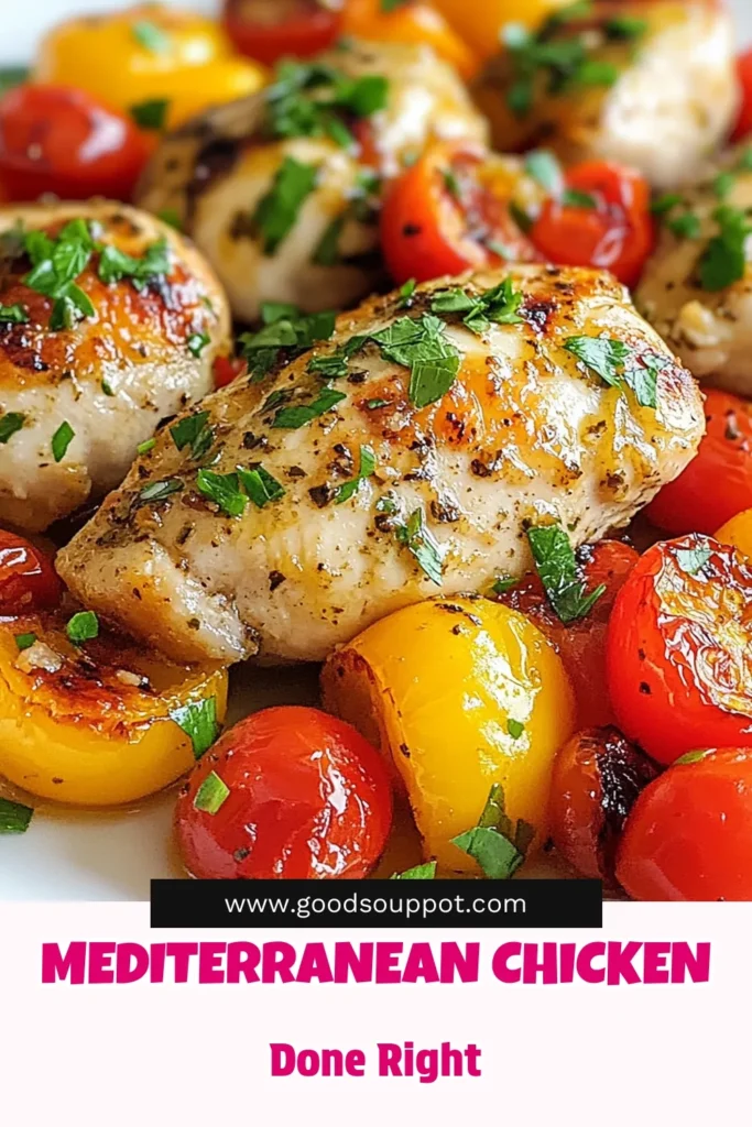 Discover the perfect healthy sheet pan dinner with this delicious Mediterranean chicken recipe! Packed with flavor, this roasted chicken with vegetables features a mouthwatering lemon garlic chicken marinade that brings everything together. It's an easy Mediterranean recipe that’s not only simple to make but also perfect for busy weeknights. Try this dish today and savor the taste of the Mediterranean! Save for later! #MediterraneanChicken #SheetPanDinner #HealthyRecipes #EasyDinnerIdeas