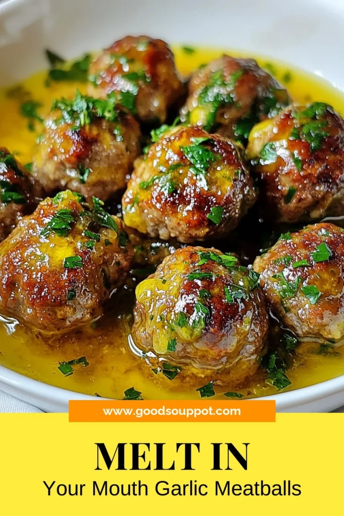 Indulge in these delicious garlic butter meatballs that are sure to impress! This easy meatball recipe features ground beef meatballs baked in garlic sauce, making for a hearty and flavorful dish. Perfect for dinner or entertaining, these homemade meatballs with garlic are a crowd favorite. Don't miss out on this delightful recipe—save it now for later! #GarlicButterMeatballs #EasyMeatballRecipe #GroundBeefMeatballs #BakedMeatballsInGarlicSauce