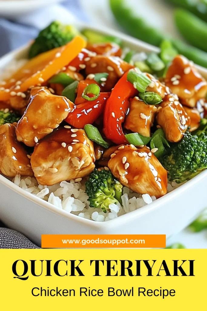 Indulge in these delicious Teriyaki Chicken Rice Bowls, an easy teriyaki chicken recipe perfect for busy nights. Packed with fresh veggies and served over a fluffy jasmine rice bowl, this healthy chicken stir-fry is a fantastic quick dinner idea. You'll love the savory flavors and it's ready in just 30 minutes! Save this recipe to create a tasty meal your whole family will enjoy! #TeriyakiChicken #QuickDinnerIdeas #HealthyEating #JasmineRice