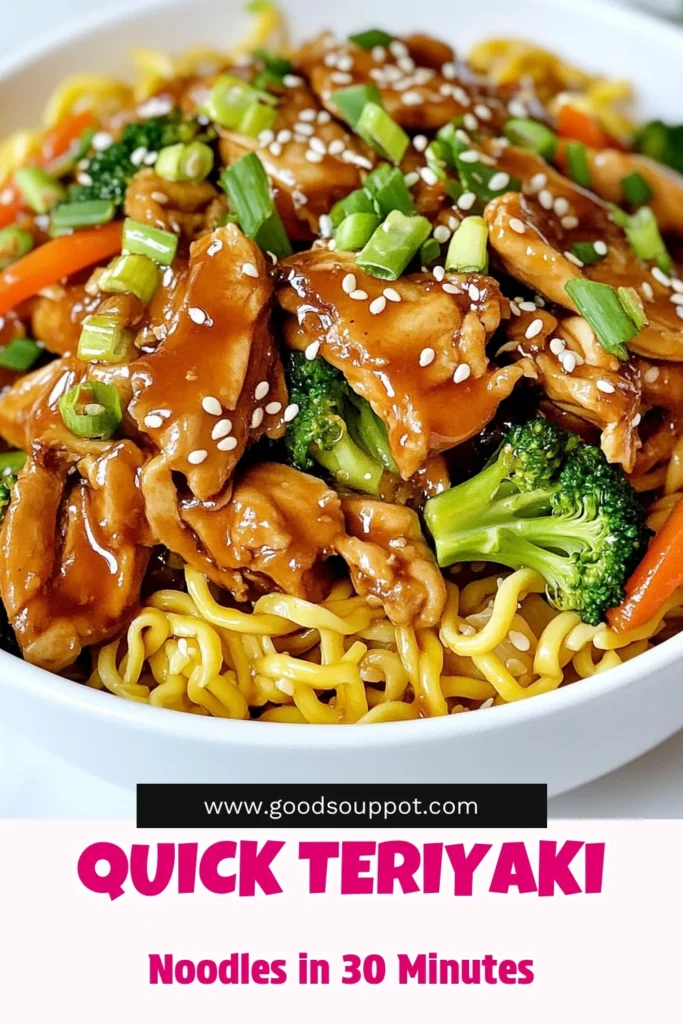 Whip up this delicious teriyaki noodles recipe featuring chicken teriyaki stir-fry and fresh veggies for a quick, healthy meal. Perfect for busy nights, this easy dish combines egg noodles with broccoli, bell pepper, and carrot in a flavorful sauce. Enjoy a wholesome dinner that’s ready in just 30 minutes! Save this healthy teriyaki chicken recipe for your next meal prep! #TeriyakiNoodles #QuickNoodleRecipes #HealthyTeriyakiChicken #ChickenStirFry