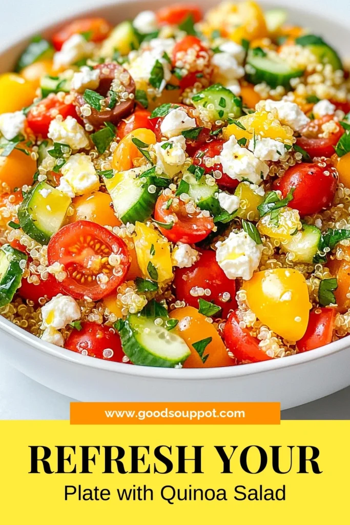 Indulge in a refreshing Mediterranean quinoa salad that bursts with flavor and nutrition! This healthy quinoa recipe is perfect for your next meal. Packed with fresh veggies, feta cheese, and a zesty dressing, this vegan quinoa salad aligns beautifully with the Mediterranean diet. Perfect as a side or a light meal, it's sure to impress. Try this quinoa salad with feta cheese today! Save and share for healthy meal inspiration! #MediterraneanDiet #HealthyRecipes #QuinoaSalad #VeganSalad