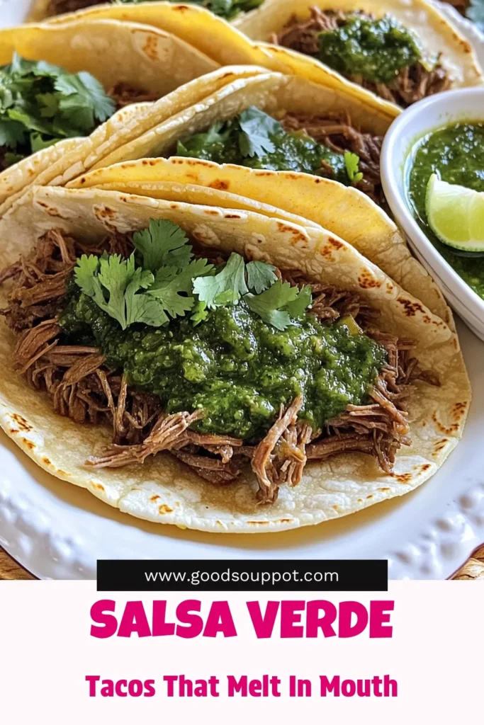 Savor the bold flavors of Salsa Verde Beef Tacos, the perfect meal for any taco night! With tender slow-cooked beef infused with zesty salsa verde, this recipe offers mouthwatering simplicity. Just a handful of ingredients and a slow cooker are all you need to create a delicious feast. Get ready to impress your family and friends—click through for the full recipe and bring these tasty tacos to your table! #SalsaVerdeBeefTacos #TacoNight #SlowCookerRecipes #BeefTacos