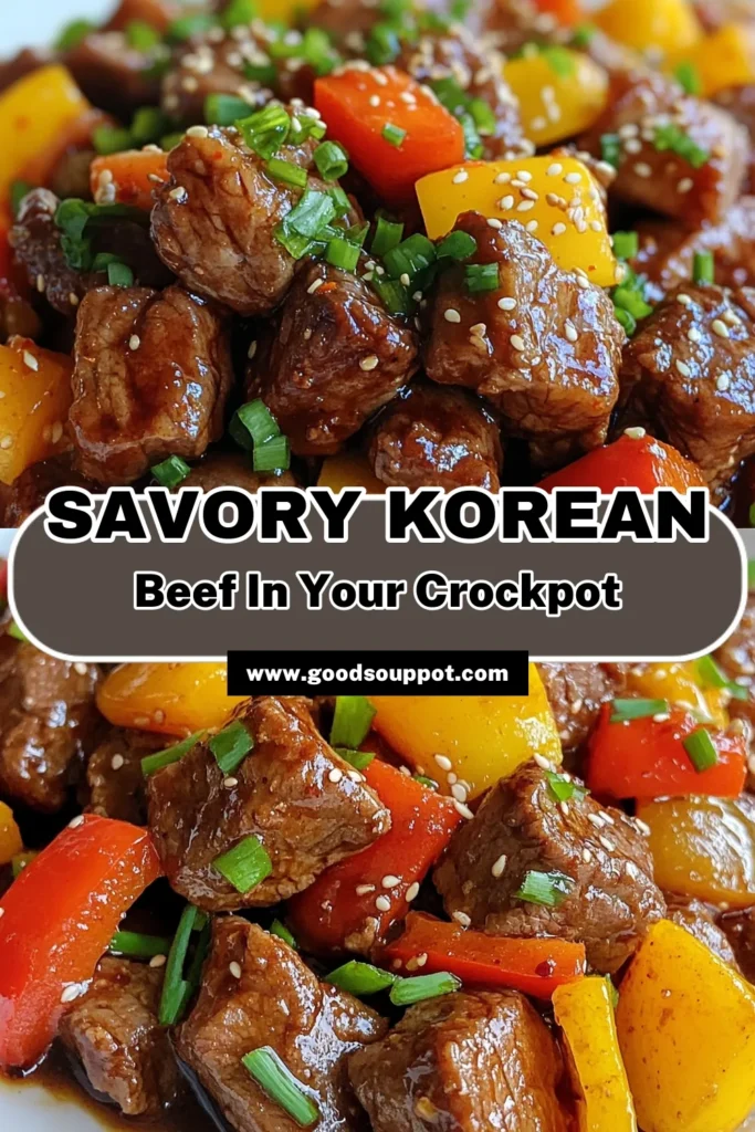 Discover the ultimate Korean beef recipe with this easy crockpot Korean beef that your family will love. Made with savory beef chuck roast and a delicious blend of soy sauce, brown sugar, and spices, this Asian-inspired beef stew is perfect for a hassle-free dinner. Just set it and forget it! Enjoy a warm, flavorful meal that’s sure to impress. Save this recipe for your next easy Korean dinner! #KoreanBeef #CrockpotRecipes #SavoryBeef #BeefStew
