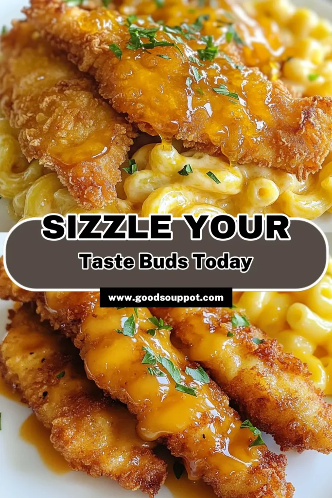Savor the perfect comfort food with this Hot Honey Chicken Tenders and Cheesy Mac and Cheese recipe! Enjoy crispy fried chicken doused in a sweet and spicy honey sauce, paired with creamy cheddar mac. This easy fried chicken recipe will be a family hit, perfect for any occasion. Don’t miss out on this delightful dish—try it today and elevate your dinner nights! Save it for later! #HotHoneyChickenTenders #ComfortFoodRecipes #CheesyMacAndCheese #FriedChickenRecipe