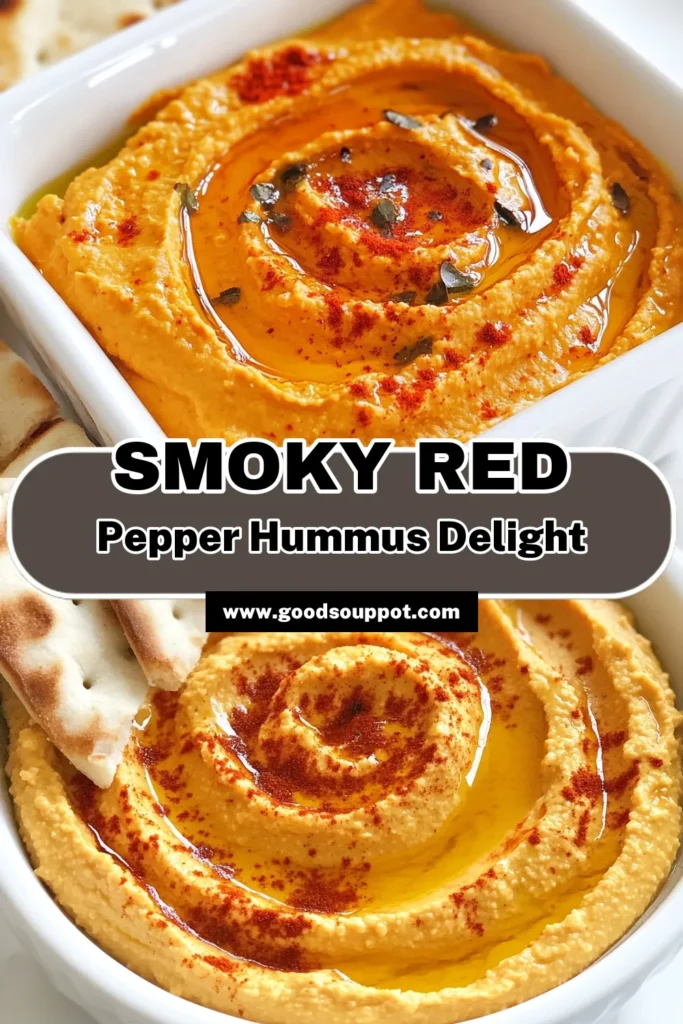 Indulge in this smoky roasted red pepper hummus that's both delicious and healthy! This easy homemade hummus with tahini combines chickpeas with roasted red pepper, garlic, and a dash of smoked paprika for a flavorful dip. Perfect as a roasted red pepper dip for veggies or pita! Try this healthy hummus recipe today and elevate your snacking game. Save this recipe for later! #HummusRecipe #HealthySnacks #DipRecipe #ChickpeaHummus
