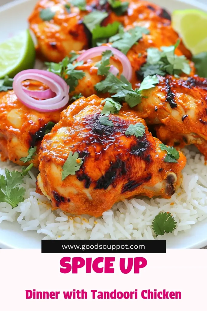 Spice up your dinner with this delicious Fiery Tandoori Chicken Over Rice recipe! Juicy marinated chicken thighs roasted to perfection, paired with fluffy basmati rice and vibrant garnishes. Perfect for impressing guests or enjoying a cozy night in. Discover how to make this flavorful dish step-by-step and unleash your inner chef! Click through for the full recipe and tips. #TandooriChicken #ChickenRecipes #IndianCuisine #FoodieFavorites