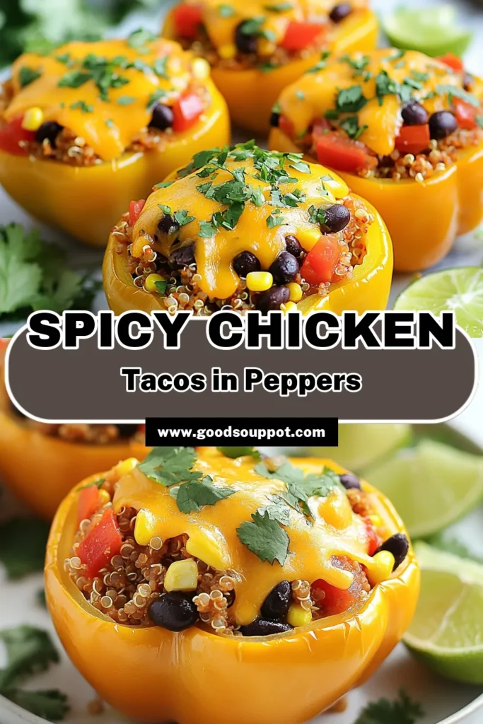 Discover your new favorite dish with these spicy chicken stuffed peppers! This taco stuffed peppers recipe combines ground chicken, quinoa, black beans, and cheesy goodness for a healthy stuffed peppers meal that's bursting with flavor. Perfect for meal prep or a weeknight dinner, these ground chicken recipes are sure to impress. Don't miss out—save this recipe now for a delicious and nutritious meal! #TacoStuffedPeppers #HealthyRecipes #GroundChicken #StuffedPeppers