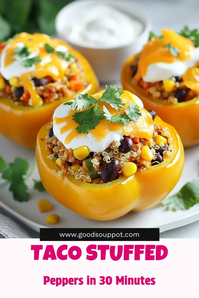 Discover the deliciousness of taco stuffed bell peppers with this healthy stuffed peppers recipe! Packed with ground turkey, quinoa, black beans, and corn, these easy taco recipes are perfect for a family dinner or meal prep. Enjoy a nutritious twist on a classic favorite! Save this recipe for a flavorful meal that’s simple to make. Try it today! #TacoStuffedPeppers #HealthyRecipes #EasyDinner #MealPrepIdeas