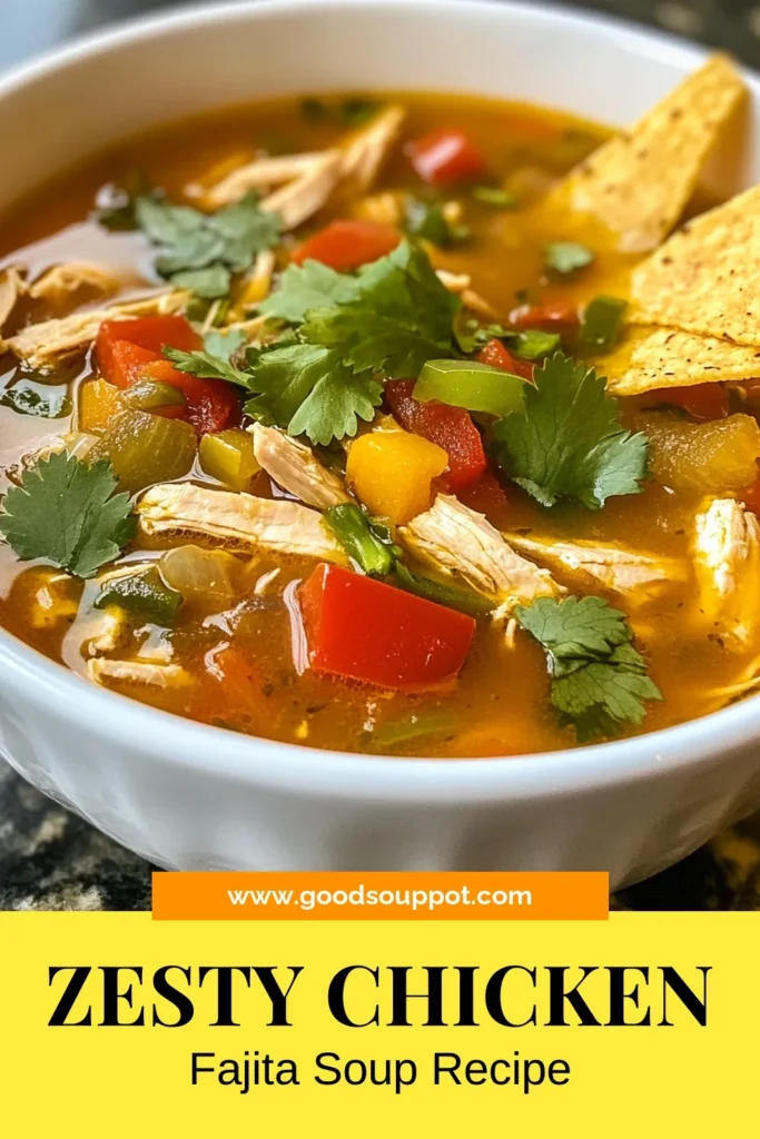Indulge in this delicious chicken fajita soup, the perfect easy chicken soup recipe for busy nights! Packed with flavors from bell peppers and spices, this healthy chicken soup is both hearty and satisfying. Ready in just 40 minutes, it's a spicy fajita soup that warms you up while keeping the family happy. Try this chicken soup with peppers today and enjoy a comforting meal! Save and share! #ChickenFajitaSoup #HealthySoup #EasyRecipes #SoupLovers