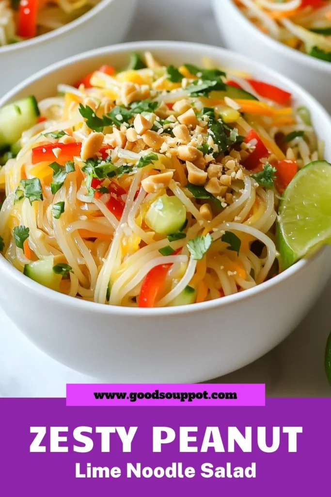 Discover the delicious Peanut Lime Noodle Salad, a refreshing Rice Noodle Salad Recipe that's bursting with flavor! This Healthy Veggie Noodle Salad features crisp veggies and a creamy peanut sauce that's perfect for any occasion. Enjoy an Asian Noodle Salad with Peanuts that's easy to make and full of vibrant colors. Try it today and save the recipe for a quick, nutritious meal! #PeanutLimeNoodleSalad #RiceNoodleSalad #HealthySalads #AsianNoodleSalad