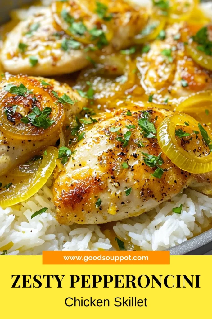 Discover this easy Pepperoncini chicken recipe for a flavorful one-pan chicken meal! This skillet chicken dinner combines tender chicken breasts with zesty pepperoncini peppers, onions, and a savory broth. Perfect for busy weeknights, this chicken with pepperoncini is simple to make and deliciously satisfying. Ready in just 30 minutes! Save this recipe for your next family dinner! #PepperonciniChicken #SkilletDinner #EasyChickenRecipe #OnePanMeal