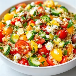 To make a tasty Mediterranean quinoa salad, gather these ingredients: - 1 cup quinoa - 2 cups vegetable broth - 1 cup cherry tomatoes, halved - 1 cucumber, diced - 1 red bell pepper, diced - 1/2 red onion, finely chopped - 1/2 cup Kalamata olives, pitted and sliced - 1/2 cup feta cheese, crumbled - 1/4 cup fresh parsley, chopped - 1/4 cup olive oil - 3 tablespoons lemon juice - 1 teaspoon dried oregano - Salt and pepper to taste You can mix things up with these swaps: - Quinoa: Try bulgur or couscous for a different grain. - Feta Cheese: Use goat cheese or a dairy-free cheese for a twist. - Kalamata Olives: Black olives or green olives also work well. - Vegetable Broth: Water can replace broth if you are in a pinch. - Fresh Parsley: Swap with basil or cilantro for a fresh flavor. This salad is not just tasty; it's also healthy! Here are the key points: - High in Protein: Quinoa provides complete protein for your body. - Rich in Fiber: The veggies add fiber to support digestion. - Healthy Fats: Olive oil offers good fats for heart health. - Low in Calories: A serving is light, around 200 calories. - Vitamins and Minerals: Enjoy vitamins A, C, and K from fresh veggies. This salad is a great choice for a meal or a side dish. It offers many nutrients to keep you feeling good! {{ingredient_image_1}} To start, rinse the quinoa under cold water. This step helps remove any bitterness. Use a fine mesh strainer for best results. Next, bring 2 cups of vegetable broth to a boil in a medium saucepan. Once boiling, add 1 cup of rinsed quinoa. Lower the heat, cover the pot, and let it simmer for about 15 minutes. The quinoa will absorb the broth and become fluffy. After 15 minutes, remove the pot from heat. Let it cool for a few minutes, then fluff it with a fork. Set it aside to cool completely. In a large mixing bowl, combine the cooled quinoa with your fresh veggies. Start with 1 cup of halved cherry tomatoes. Add 1 diced cucumber and 1 diced red bell pepper. Next, toss in 1/2 finely chopped red onion and 1/2 cup of sliced Kalamata olives. Add 1/2 cup of crumbled feta cheese and 1/4 cup of chopped fresh parsley. Mix everything together gently. This step ensures all the flavors blend nicely. For the dressing, grab a small bowl. Whisk together 1/4 cup of olive oil, 3 tablespoons of lemon juice, 1 teaspoon of dried oregano, and a pinch of salt and pepper. Once well combined, pour the dressing over your mixed ingredients. Gently toss everything until it is evenly coated. Taste the salad and adjust the seasoning if needed. You can add more salt, pepper, or lemon juice as you like. Let the salad sit for at least 15 minutes. This waiting time helps the flavors meld together beautifully. To cook quinoa well, rinse it first. Rinsing removes a bitter coating. Use a fine mesh strainer for this step. Next, boil your vegetable broth in a medium saucepan. Once boiling, add the rinsed quinoa. Lower the heat and cover the pot. Let it simmer for about 15 minutes. The quinoa will absorb the broth and become fluffy. After cooking, let it cool for a few minutes. Use a fork to fluff the quinoa. This makes it light and airy. You can serve Mediterranean quinoa salad in many ways. A large bowl works well for sharing. For individual servings, use small cups. This makes for a fun presentation. Garnish with extra parsley or lemon wedges to add color. You can enjoy this salad chilled or at room temperature. Pair it with grilled chicken or fish for a complete meal. It also works great as a side dish for barbecue or picnic meals. Herbs and spices bring your salad to life. Fresh parsley adds a bright taste. You can also try basil or mint for a twist. Dried oregano gives a classic Mediterranean flavor. If you like a bit of heat, add a pinch of red pepper flakes. A squeeze of lemon juice boosts the freshness, too. Taste your salad before serving and adjust seasonings as needed. This way, you can find the perfect mix for your taste buds. Pro Tips Rinse Your Quinoa: Always rinse quinoa before cooking to remove saponins, which can impart a bitter taste. Cool Before Mixing: Allow the quinoa to cool completely before mixing it with the vegetables to avoid wilting them. Customize Your Veggies: Feel free to swap in your favorite vegetables or whatever is in season for a fresh twist. Make Ahead: This salad holds up well in the fridge, making it perfect for meal prep or picnics. Just add the dressing before serving. {{image_2}} You can add protein and fiber by including chickpeas in your Mediterranean quinoa salad. Simply mix in one can of drained and rinsed chickpeas. They give the salad a nice bite and keep you full longer. Plus, they blend well with the other flavors. The creamy texture of chickpeas pairs nicely with the crunchy veggies. To make this salad vegan, you can leave out the feta cheese. Instead, try using avocado for creaminess. You can also add nuts for crunch and healthy fats. Sunflower seeds or pumpkin seeds work well here too. These swaps keep the salad just as tasty while meeting your dietary needs. You can change your salad with fresh produce based on the season. In summer, add juicy peaches or nectarines. In fall, try roasted sweet potatoes or squash for warmth. Spring is perfect for asparagus or snap peas. Each season brings different flavors to your salad. Get creative with what is fresh and in season for the best taste! Store any leftover quinoa salad in an airtight container. Place it in the fridge. It will stay fresh for about three to five days. Make sure the salad is completely cool before sealing it. This helps prevent moisture buildup. If you want to keep it even longer, you can separate the dressing and store it separately. You can freeze quinoa salad, but itβs not the best option. Freezing may change the texture of the veggies. If you still want to freeze it, do the following: - Place the salad in a freezer-safe bag. - Remove as much air as possible before sealing. - Label the bag with the date. You can freeze it for up to three months. When ready to eat, thaw it in the fridge overnight. Check your salad for signs of spoilage before eating. Here are some things to look for: - Unpleasant smell - Mold growth - Slimy texture If you notice any of these signs, throw the salad away. Freshness is key to enjoying this tasty dish! Yes, you can make this salad ahead of time. It tastes even better after sitting for a while. Just mix all the ingredients and store it in the fridge. I recommend letting it chill for at least 15 minutes. This helps the flavors blend well. You can keep it in an airtight container for up to three days. Just stir it again before serving. If you donβt have feta cheese, you have options! You can use goat cheese for a creamy taste. Crumbled ricotta or even vegan cheese can work too. For a nutty flavor, try using sunflower seeds or sliced almonds. These will add a nice crunch to your salad. Just pick what you like best! Yes, quinoa is gluten-free. Itβs a great option for those with gluten allergies. Quinoa is a seed, not a grain, which makes it safe. It is full of protein and fiber too. This makes it a healthy choice for everyone. Enjoy it in salads or as a side dish. This blog post covers everything you need to know about quinoa salad. We explored the key ingredients and their substitutes to help you customize your dish. I shared step-by-step instructions to ensure your salad turns out great every time. Tips and tricks helped you perfect your quinoa cooking and enhance flavors. We even looked at delicious variations and storage methods. In summary, quinoa salad is easy, healthy, and flexible. You can enjoy a unique salad that suits your taste, season, and needs.