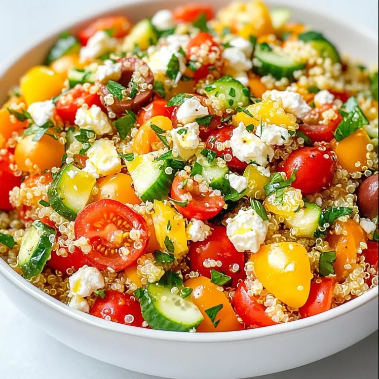 To make a tasty Mediterranean quinoa salad, gather these ingredients: - 1 cup quinoa - 2 cups vegetable broth - 1 cup cherry tomatoes, halved - 1 cucumber, diced - 1 red bell pepper, diced - 1/2 red onion, finely chopped - 1/2 cup Kalamata olives, pitted and sliced - 1/2 cup feta cheese, crumbled - 1/4 cup fresh parsley, chopped - 1/4 cup olive oil - 3 tablespoons lemon juice - 1 teaspoon dried oregano - Salt and pepper to taste You can mix things up with these swaps: - Quinoa: Try bulgur or couscous for a different grain. - Feta Cheese: Use goat cheese or a dairy-free cheese for a twist. - Kalamata Olives: Black olives or green olives also work well. - Vegetable Broth: Water can replace broth if you are in a pinch. - Fresh Parsley: Swap with basil or cilantro for a fresh flavor. This salad is not just tasty; it's also healthy! Here are the key points: - High in Protein: Quinoa provides complete protein for your body. - Rich in Fiber: The veggies add fiber to support digestion. - Healthy Fats: Olive oil offers good fats for heart health. - Low in Calories: A serving is light, around 200 calories. - Vitamins and Minerals: Enjoy vitamins A, C, and K from fresh veggies. This salad is a great choice for a meal or a side dish. It offers many nutrients to keep you feeling good! {{ingredient_image_1}} To start, rinse the quinoa under cold water. This step helps remove any bitterness. Use a fine mesh strainer for best results. Next, bring 2 cups of vegetable broth to a boil in a medium saucepan. Once boiling, add 1 cup of rinsed quinoa. Lower the heat, cover the pot, and let it simmer for about 15 minutes. The quinoa will absorb the broth and become fluffy. After 15 minutes, remove the pot from heat. Let it cool for a few minutes, then fluff it with a fork. Set it aside to cool completely. In a large mixing bowl, combine the cooled quinoa with your fresh veggies. Start with 1 cup of halved cherry tomatoes. Add 1 diced cucumber and 1 diced red bell pepper. Next, toss in 1/2 finely chopped red onion and 1/2 cup of sliced Kalamata olives. Add 1/2 cup of crumbled feta cheese and 1/4 cup of chopped fresh parsley. Mix everything together gently. This step ensures all the flavors blend nicely. For the dressing, grab a small bowl. Whisk together 1/4 cup of olive oil, 3 tablespoons of lemon juice, 1 teaspoon of dried oregano, and a pinch of salt and pepper. Once well combined, pour the dressing over your mixed ingredients. Gently toss everything until it is evenly coated. Taste the salad and adjust the seasoning if needed. You can add more salt, pepper, or lemon juice as you like. Let the salad sit for at least 15 minutes. This waiting time helps the flavors meld together beautifully. To cook quinoa well, rinse it first. Rinsing removes a bitter coating. Use a fine mesh strainer for this step. Next, boil your vegetable broth in a medium saucepan. Once boiling, add the rinsed quinoa. Lower the heat and cover the pot. Let it simmer for about 15 minutes. The quinoa will absorb the broth and become fluffy. After cooking, let it cool for a few minutes. Use a fork to fluff the quinoa. This makes it light and airy. You can serve Mediterranean quinoa salad in many ways. A large bowl works well for sharing. For individual servings, use small cups. This makes for a fun presentation. Garnish with extra parsley or lemon wedges to add color. You can enjoy this salad chilled or at room temperature. Pair it with grilled chicken or fish for a complete meal. It also works great as a side dish for barbecue or picnic meals. Herbs and spices bring your salad to life. Fresh parsley adds a bright taste. You can also try basil or mint for a twist. Dried oregano gives a classic Mediterranean flavor. If you like a bit of heat, add a pinch of red pepper flakes. A squeeze of lemon juice boosts the freshness, too. Taste your salad before serving and adjust seasonings as needed. This way, you can find the perfect mix for your taste buds. Pro Tips Rinse Your Quinoa: Always rinse quinoa before cooking to remove saponins, which can impart a bitter taste. Cool Before Mixing: Allow the quinoa to cool completely before mixing it with the vegetables to avoid wilting them. Customize Your Veggies: Feel free to swap in your favorite vegetables or whatever is in season for a fresh twist. Make Ahead: This salad holds up well in the fridge, making it perfect for meal prep or picnics. Just add the dressing before serving. {{image_2}} You can add protein and fiber by including chickpeas in your Mediterranean quinoa salad. Simply mix in one can of drained and rinsed chickpeas. They give the salad a nice bite and keep you full longer. Plus, they blend well with the other flavors. The creamy texture of chickpeas pairs nicely with the crunchy veggies. To make this salad vegan, you can leave out the feta cheese. Instead, try using avocado for creaminess. You can also add nuts for crunch and healthy fats. Sunflower seeds or pumpkin seeds work well here too. These swaps keep the salad just as tasty while meeting your dietary needs. You can change your salad with fresh produce based on the season. In summer, add juicy peaches or nectarines. In fall, try roasted sweet potatoes or squash for warmth. Spring is perfect for asparagus or snap peas. Each season brings different flavors to your salad. Get creative with what is fresh and in season for the best taste! Store any leftover quinoa salad in an airtight container. Place it in the fridge. It will stay fresh for about three to five days. Make sure the salad is completely cool before sealing it. This helps prevent moisture buildup. If you want to keep it even longer, you can separate the dressing and store it separately. You can freeze quinoa salad, but itβs not the best option. Freezing may change the texture of the veggies. If you still want to freeze it, do the following: - Place the salad in a freezer-safe bag. - Remove as much air as possible before sealing. - Label the bag with the date. You can freeze it for up to three months. When ready to eat, thaw it in the fridge overnight. Check your salad for signs of spoilage before eating. Here are some things to look for: - Unpleasant smell - Mold growth - Slimy texture If you notice any of these signs, throw the salad away. Freshness is key to enjoying this tasty dish! Yes, you can make this salad ahead of time. It tastes even better after sitting for a while. Just mix all the ingredients and store it in the fridge. I recommend letting it chill for at least 15 minutes. This helps the flavors blend well. You can keep it in an airtight container for up to three days. Just stir it again before serving. If you donβt have feta cheese, you have options! You can use goat cheese for a creamy taste. Crumbled ricotta or even vegan cheese can work too. For a nutty flavor, try using sunflower seeds or sliced almonds. These will add a nice crunch to your salad. Just pick what you like best! Yes, quinoa is gluten-free. Itβs a great option for those with gluten allergies. Quinoa is a seed, not a grain, which makes it safe. It is full of protein and fiber too. This makes it a healthy choice for everyone. Enjoy it in salads or as a side dish. This blog post covers everything you need to know about quinoa salad. We explored the key ingredients and their substitutes to help you customize your dish. I shared step-by-step instructions to ensure your salad turns out great every time. Tips and tricks helped you perfect your quinoa cooking and enhance flavors. We even looked at delicious variations and storage methods. In summary, quinoa salad is easy, healthy, and flexible. You can enjoy a unique salad that suits your taste, season, and needs.