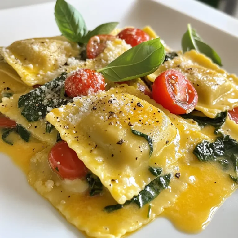 To make Creamy Tuscan Ravioli, gather these main ingredients: - 12 oz cheese ravioli - 2 tablespoons olive oil - 3 cloves garlic, minced - 1 cup cherry tomatoes, halved - 1 cup fresh spinach - 1 cup heavy cream - 1 teaspoon Italian seasoning - ½ cup grated Parmesan cheese - Salt and pepper to taste - Fresh basil for garnish These ingredients create a rich and flavorful dish. The cheese ravioli serves as a great base. The garlic adds a nice aroma, while the cherry tomatoes bring a hint of sweetness. For extra flavor and color, consider these optional garnishes: - Fresh basil leaves - Extra Parmesan cheese - Crushed red pepper flakes These garnishes can make your plate look beautiful and taste even better. Fresh basil adds a nice herbal note. Additional cheese gives a richer taste, while pepper flakes offer a spicy kick. If you lack some ingredients, try these substitutes: - Use store-bought ravioli instead of homemade. - Swap heavy cream for half-and-half for a lighter sauce. - Use kale or arugula instead of spinach for a different green. These substitutes keep the dish delicious while making it easier to prepare. Don't worry about sticking to the recipe exactly; cooking is all about flexibility and creativity! {{ingredient_image_1}} To start, fill a large pot with water and add salt. Bring it to a boil. Once boiling, add 12 oz cheese ravioli. Cook the ravioli as per the package instructions until they are al dente. This usually takes about 3 to 5 minutes. After cooking, drain the ravioli and set them aside. Make sure not to rinse them, as you want to keep the starch that helps the sauce stick. Next, take a large skillet and heat 2 tablespoons olive oil over medium heat. Add 3 cloves of minced garlic to the skillet. Sauté the garlic until it becomes fragrant, which should take about 1 minute. Then, toss in 1 cup of halved cherry tomatoes. Cook the tomatoes for about 2 to 3 minutes until they start to soften. After that, stir in 1 cup of fresh spinach. Cook the spinach just until it wilts, about 1 to 2 minutes. Once the veggies are ready, reduce the heat to low. Pour in 1 cup of heavy cream and stir well to mix. Now, it's time to make the sauce more flavorful. Sprinkle in 1 teaspoon of Italian seasoning and ½ cup of grated Parmesan cheese. Stir until the cheese melts and the sauce thickens, which should take about 3 to 4 minutes. Finally, add the cooked ravioli to the skillet. Gently toss them in the creamy sauce. Season with salt and pepper to taste. Your creamy Tuscan ravioli is now ready to serve! Garnish with fresh basil leaves for a nice touch. Enjoy your meal! To make the sauce creamy and rich, use heavy cream. It adds a smooth texture. When you heat the cream, keep the heat low. This prevents burning. Stir often to mix in the flavors. Adding Parmesan cheese thickens the sauce. Grate it fresh for the best taste. Italian seasoning brings a lovely flavor. Adjust salt and pepper to your liking. Cook the ravioli in salted boiling water. This adds flavor to the pasta. Follow the package instructions for timing. Overcooking can make them mushy. Drain them gently to avoid breaking. Toss them in a little olive oil to keep them from sticking together. This helps them mix well with the sauce. Serve the ravioli hot for the best taste. Add fresh basil on top for color and flavor. You can pair this dish with a simple salad. A light, crisp salad balances the richness. Consider serving it with garlic bread. The bread is great for soaking up any extra sauce. Enjoy your delicious creamy Tuscan ravioli! Pro Tips Choose Fresh Ingredients: Using fresh spinach and ripe cherry tomatoes enhances the flavor and texture of the dish. Don’t Overcook the Ravioli: Follow package instructions for cooking time to ensure your ravioli remains tender and does not fall apart. Adjust the Creaminess: For a lighter sauce, you can substitute half of the heavy cream with vegetable or chicken broth. Garnish for Presentation: Adding fresh basil not only enhances the visual appeal but also adds a burst of fresh flavor to the dish. {{image_2}} For a tasty vegetarian twist, swap in different ravioli. Use spinach or mushroom ravioli for more flavor. You can also add more veggies. Try bell peppers, zucchini, or artichokes. These add color and taste. Don't shy away from adding herbs, like parsley or oregano. They boost fresh flavors. If you want meat, add cooked chicken or shrimp. Both pair well with creamy sauce. Just sauté them until cooked through, then toss into the skillet. You can also use sausage for a richer taste. Just cook the sausage first and break it apart before adding. While creamy sauce is a star, you can try other sauces. A simple tomato sauce works well too. Just sauté the garlic, add tomatoes, and simmer. For a lighter option, use a lemon and olive oil dressing. This gives a fresh taste and lighter feel. Experiment with flavors to find your favorite! You can store leftover creamy Tuscan ravioli in the fridge. Place it in an airtight container. Make sure to cool it first. It stays fresh for about 3 days. When you're ready to eat, check for any strange smells or colors before heating. To freeze, first let the ravioli cool completely. Use a freezer-safe container or bag. This dish can last up to 3 months in the freezer. Label the container with the date. When you're ready to enjoy it again, thaw it in the fridge overnight. You can reheat creamy Tuscan ravioli in a few ways. The best method is on the stove. Place it in a skillet over low heat. Stir it gently until hot. You can also use the microwave. Heat it in 30-second bursts, stirring in between. Add a splash of cream if it looks dry. Enjoy your tasty meal! I love using cheese ravioli for this recipe. The creamy sauce pairs well with the cheese. You can use fresh or frozen ravioli. Fresh ravioli cooks quickly and tastes great. Frozen ravioli is easy and handy. Just follow the package instructions for cooking times. Yes, you can make the sauce ahead of time. Just cook it and let it cool. Store it in the fridge for up to three days. When you are ready to eat, heat it on low. You may need to add a splash of cream to loosen it up. This method saves time on busy nights. To make this dish healthier, use whole wheat ravioli. You can also swap heavy cream for a lighter option. Try using half-and-half or unsweetened almond milk. Add more veggies like zucchini or bell peppers. These steps keep all the flavor while improving the nutrition. You’ve learned about making creamy Tuscan ravioli with fresh ingredients and easy steps. We covered the main components, cooking tips, and how to make it your own. You can even store, freeze, or heat leftovers with ease. This dish is perfect for gatherings or a cozy night in. Try different variations to keep it interesting. Enjoy creating this flavorful meal and impressing your friends and family. Dive into your kitchen and savor each bite of your creamy Tuscan ravioli!