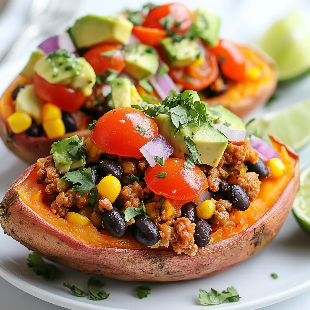To make taco stuffed sweet potatoes, you need a mix of fresh and hearty ingredients. Here’s what you will need: - 4 medium sweet potatoes - 1 pound ground turkey (or beef) - 1 tablespoon taco seasoning - 1 can black beans, rinsed and drained - 1 cup corn (fresh or frozen) - 1 cup cherry tomatoes, halved - 1/2 cup red onion, diced - 1 cup shredded cheddar cheese (optional) - 1 avocado, diced - Fresh cilantro, chopped, for garnish - Lime wedges for serving - Salt and pepper to taste These ingredients come together to create a colorful and tasty meal. Sweet potatoes give a natural sweetness and health benefits. Ground turkey or beef adds protein and flavor. Taco seasoning makes everything pop with spice. Black beans offer richness and fiber, while corn adds a nice crunch. Cherry tomatoes and red onion give freshness. Finally, avocado and cheese add creaminess. Each ingredient plays a role in making this dish both satisfying and delicious. {{ingredient_image_1}} First, preheat your oven to 400°F (200°C). This step is key for baking sweet potatoes evenly. Next, wash your sweet potatoes well under running water. Dirt can hide in the skin. Use a scrub brush if needed. After washing, poke holes in each potato with a fork. This lets steam escape and prevents them from bursting. Place the sweet potatoes on a baking sheet. Bake for 45-60 minutes. They should be tender when done. While the sweet potatoes bake, heat a large skillet over medium heat. Add one pound of ground turkey or beef to the skillet. Cook the meat until it turns brown. Use a spatula to break it apart as it cooks. If there's extra fat, drain it off. Next, stir in one tablespoon of taco seasoning. Add a can of rinsed black beans and one cup of corn, fresh or frozen. Cook this mixture for about 5 minutes. This allows the flavors to blend. Taste and add salt and pepper to your liking. When the sweet potatoes are ready, take them out of the oven. Let them cool for a few minutes. Cut each potato in half lengthwise. Scoop out a small amount of the insides to make space for the filling. Spoon the taco mixture into each sweet potato half. Fill them generously for a hearty meal. Top with halved cherry tomatoes, diced avocado, and red onion. If you like cheese, add shredded cheddar on top. Finally, garnish with fresh cilantro. Serve with lime wedges for a zesty kick. Enjoy your delicious taco stuffed sweet potatoes! When picking sweet potatoes, look for medium-sized ones. They should feel firm and have smooth skin. Avoid any that have soft spots or blemishes. If you want a healthier option, try using butternut squash. It has a similar texture and taste, but fewer carbs. You can boost flavor with toppings. Try adding fresh salsa, Greek yogurt, or hot sauce. Chopped jalapeños add a nice kick. If you prefer less heat, remove the seeds before adding. Adjust the spice level by adding more taco seasoning to the meat mix. Store leftover filling in an airtight container. It will last for about three days in the fridge. For reheating, use a microwave-safe dish. Heat in short bursts, stirring in between. This keeps the filling moist and tasty. Pro Tips Choose the Right Sweet Potatoes: Look for firm, unbruised sweet potatoes with smooth skin for the best flavor and texture. Customize Your Filling: Feel free to add other ingredients like bell peppers or jalapeños to the taco mixture for extra flavor and nutrition. Make It Vegetarian: Substitute the ground turkey with lentils or quinoa for a delicious vegetarian option while keeping it hearty. Serve Immediately: These stuffed sweet potatoes are best enjoyed fresh out of the oven, so serve them right away for optimal taste and texture. {{image_2}} You can make taco stuffed sweet potatoes vegetarian by using plant-based meat. Try using lentils, mushrooms, or tempeh. These options bring great taste and texture. You can also load up on veggies like bell peppers and zucchini. It keeps the meal healthy and full of flavor. If you want a different protein, ground chicken works well. It has a lighter taste but still packs a punch. You could also try plant-based meat for a hearty texture. Other protein options include diced turkey or even tofu. Each choice brings a unique flavor to your dish. For those who need gluten-free options, this recipe is easy. Just check the taco seasoning for gluten. You can use gluten-free brands or make your own. Adding beans and grains boosts nutrition. Black beans are great for fiber and protein. Quinoa or brown rice makes a filling addition. To keep your taco stuffed sweet potatoes fresh, follow these steps: - Allow the stuffed sweet potatoes to cool to room temperature. - Place them in airtight containers. This helps prevent moisture loss. - Store them in the refrigerator for up to three days. You can freeze taco stuffed sweet potatoes for later use. Here’s how: - Wrap each stuffed sweet potato in plastic wrap. - Place the wrapped potatoes in a freezer-safe bag. - Make sure to remove as much air as possible before sealing the bag. To thaw, simply move them to the fridge overnight. Reheat them in the oven at 350°F (175°C) for about 20 minutes. In the refrigerator, taco stuffed sweet potatoes last about three days. In the freezer, they can last up to three months. You can tell if sweet potatoes are ready by checking a few things: - The skin looks wrinkled and slightly darkened. - A fork easily pierces the flesh. - They feel soft when you gently squeeze them. Bake them for about 45-60 minutes at 400°F (200°C). The time may vary based on size. A larger sweet potato will take longer than a smaller one. Yes, you can prep taco stuffed sweet potatoes ahead of time. Here are some tips: - Bake the sweet potatoes and store them in the fridge. - Make the taco filling and keep it in a separate container. - Mix the filling into the sweet potatoes right before serving. This way, you save time on busy days. Just reheat the sweet potatoes and filling before serving. Taco stuffed sweet potatoes pair well with several sides: - A fresh green salad adds crunch and color. - Cornbread gives a sweet taste and a nice contrast. - Guacamole and salsa enhance the taco flavors. - A side of rice or quinoa can round out the meal. These sides add variety and make your meal even more enjoyable. Taco stuffed sweet potatoes are delicious, healthy, and easy to make. You learned how to choose fresh sweet potatoes, prepare a flavorful filling, and customize your dish to fit your taste. By following the steps and tips outlined, you can enjoy a meal that's both fun and nutritious. Experiment with different proteins or toppings to suit your preferences. Enjoy the process and share your tasty creations with friends or family. Your kitchen adventures start here, making cooking both enjoyable and satisfying!