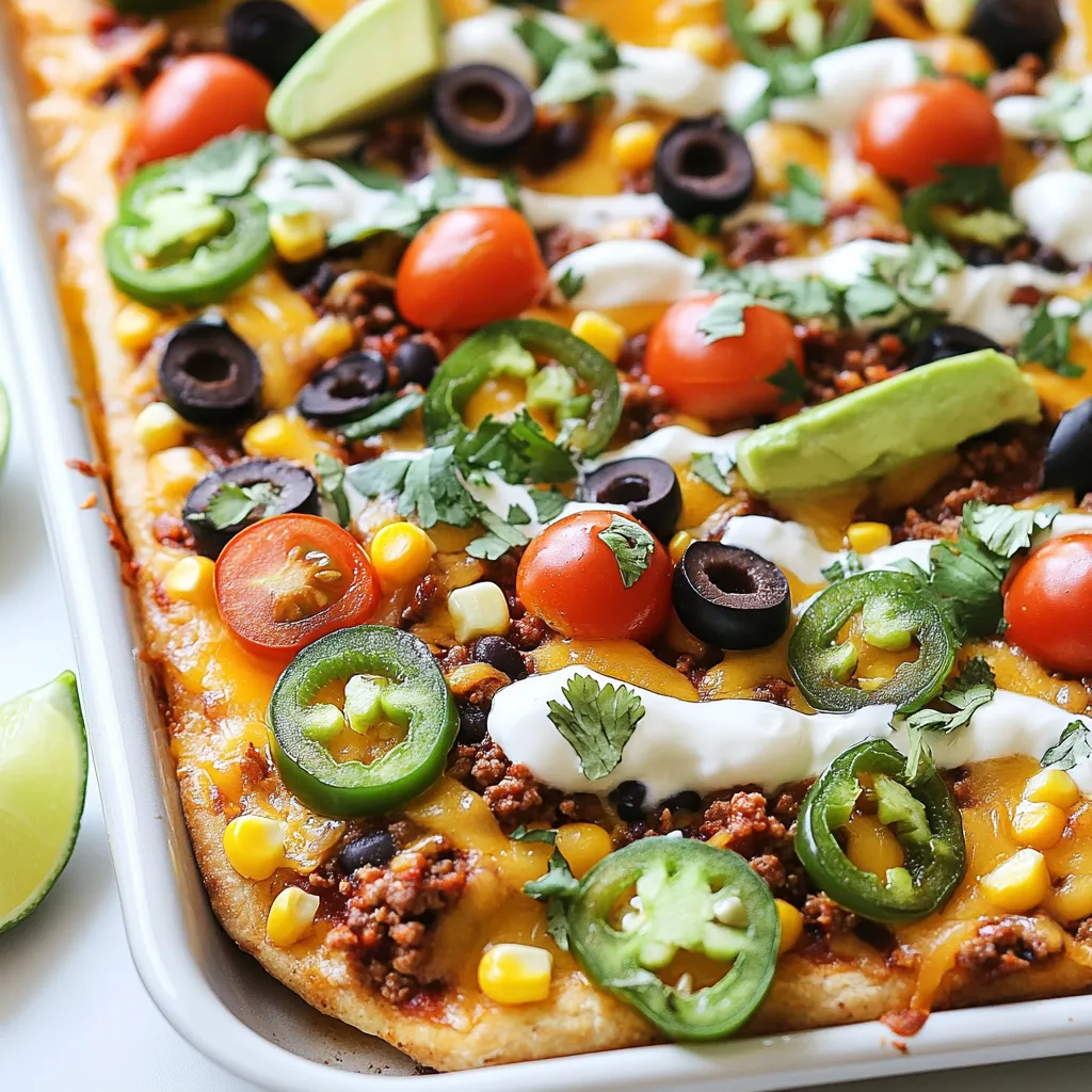 - 1 large pizza dough (store-bought or homemade) - 1 cup taco sauce - 1 pound ground beef (or ground turkey) - 1 tablespoon taco seasoning - 1 cup shredded cheddar cheese - 1 cup shredded mozzarella cheese - 1/2 cup black beans, drained and rinsed - 1/2 cup corn kernels (frozen or fresh) - 1 jalapeño, thinly sliced (optional) - 1/2 cup cherry tomatoes, halved - 1/4 cup sliced black olives - 1 avocado, diced - Fresh cilantro, chopped (for garnish) - Sour cream (for drizzling) - Lime wedges (for serving) You can use store-bought pizza dough for ease. Homemade dough works great too. Taco sauce adds flavor, but you can swap it with salsa for a chunkier texture. Ground turkey is a good choice if you want a lighter meat option. For cheese, feel free to mix in pepper jack for some heat. Black beans are rich in fiber, and corn adds sweetness. If you dislike spicy foods, skip the jalapeño. Cherry tomatoes burst with flavor, while olives add a nice salty touch. Avocado gives creaminess, and cilantro brightens the dish. You can top it with sour cream or Greek yogurt for a tangy finish. This recipe can fit many diets. Use gluten-free dough for gluten-free diets. For a vegetarian option, skip the meat and add more beans or veggies. If you want a vegan pizza, replace cheese with a plant-based cheese. Just check the taco seasoning; some brands have animal products. Always read labels to ensure the ingredients meet your diet needs. {{ingredient_image_1}} Start by preheating your oven to 425°F (220°C). This temperature ensures a crispy crust. Next, line a large baking sheet with parchment paper. This makes cleanup easy and keeps the pizza from sticking. If you use homemade pizza dough, roll it out to fit the sheet. Store-bought dough works great too! In a skillet, heat over medium heat. Add 1 pound of ground beef or turkey. Cook until it turns brown. Drain any extra fat to keep it lean. Then, sprinkle in 1 tablespoon of taco seasoning. Add 1/4 cup of water and stir. Let it cook until the mix thickens and everything blends well. This step adds rich flavor to your pizza. Now it’s time to put everything together! Roll out your pizza dough on the baking sheet. Spread 1 cup of taco sauce evenly across the dough. Leave a little space at the edges. Next, add the cooked beef mixture on top. Then, toss on 1/2 cup of black beans and 1/2 cup of corn. If you like spice, add sliced jalapeños. Top it all with 1 cup of shredded cheddar and 1 cup of shredded mozzarella. Make sure to cover everything well. Bake your pizza in the oven for 15-20 minutes. Look for bubbly cheese and a golden crust. Once it's done, cool it for a few minutes. Finish by adding halved cherry tomatoes, sliced black olives, and diced avocado. Don’t forget to sprinkle fresh cilantro on top! Drizzle sour cream for extra flavor and serve with lime wedges for a zesty kick. To make a great crust, start with a good pizza dough. You can use store-bought dough or make your own if you feel adventurous. Roll the dough out evenly on the pan, stretching it to the edges. This ensures a nice, even bake. Always preheat your oven to 425°F (220°C) before baking. This helps the crust rise and get crisp. If you want a crunchier crust, bake it for a few minutes before adding toppings. Cheese is key for flavor and texture. I recommend a mix of cheddar and mozzarella. Cheddar adds a sharp taste, while mozzarella gives that perfect stretch. When adding toppings, spread them evenly. Start with taco meat, then add black beans and corn. For a fresh kick, add jalapeños if you like some heat. Don’t forget to finish with fresh ingredients like cherry tomatoes, olives, and avocado after baking. This keeps them vibrant and tasty. I know time can be tight, so let’s make it easier. You can prepare the taco meat ahead of time. Cook it and store it in the fridge until you are ready to use it. Also, use pre-shredded cheese to save time. Consider using frozen corn and canned black beans to cut down on prep. If you have kids, let them help with topping the pizza. It makes cooking fun and speeds up the process! Pro Tips Use Fresh Ingredients: Fresh toppings like diced avocado and cilantro enhance the flavor and presentation of your taco pizza. Customize Your Toppings: Feel free to add or substitute your favorite taco toppings like grilled chicken, bell peppers, or different cheese varieties. Pre-Bake the Dough: For an extra crispy crust, you can pre-bake the pizza dough for 5-7 minutes before adding toppings. Serve with Dipping Sauces: Offer a variety of sauces like salsa or guacamole alongside for an extra flavor boost. {{image_2}} You can make this pizza meatless. Use black beans, corn, and peppers. Replace meat with lentils or extra beans. For a vegan option, skip the cheese or use plant-based cheese. Add more veggies like bell peppers and mushrooms for taste. This pizza works with many proteins. Ground turkey is a great swap for beef. You can also try chicken or pork. For a unique twist, use chorizo for a spicy kick. Each protein adds its own flavor, so choose what you like best. If gluten is a concern, use gluten-free pizza dough. Many stores sell ready-made options. You can also make dough from gluten-free flour. Ensure your toppings are gluten-free too. This way, everyone can enjoy a slice of this tasty pizza. To store your leftover Sheet Pan Taco Pizza, let it cool first. Place slices in an airtight container. You can keep it in the fridge for up to three days. If you want to keep it longer, freezing is a good option. To reheat your pizza, the oven works best. Preheat your oven to 350°F (175°C). Place the slices on a baking sheet. Heat for about 10-15 minutes or until warm. This keeps the crust crispy. You can also use a microwave, but it may make the crust soft. To freeze, wrap each slice in plastic wrap. Then, place the wrapped slices in a freezer bag. This keeps them fresh for up to two months. To thaw, move the slices to the fridge overnight. Reheat as mentioned above for the best taste. Yes, you can use homemade pizza dough. It will taste great. Just roll it out to fit your sheet pan. You can mix in herbs for extra flavor. Try garlic powder or Italian seasoning in your dough. You have many options for toppings. Here are some ideas: - Ground chicken or pork instead of beef - Bell peppers for crunch - Fresh spinach for greens - Pineapple for a sweet twist Feel free to mix and match based on your taste. To spice things up, add sliced jalapeños. Use more taco seasoning in the meat. You can also add hot sauce on top. If you want more heat, try pepper jack cheese instead of cheddar. Yes, you can prep it ahead. Make the meat and dough, then store in the fridge. Assemble the pizza just before baking. This way, it stays fresh and tasty. Serve the pizza in squares for easy sharing. Add a side of salsa or guacamole. Lime wedges add a nice touch, too. For drinks, try a cold soda or lemonade. Enjoy this fun meal with friends or family! This guide covers key ingredients for a great pizza, along with steps for cooking. We explored tips for the best crust, cheese, and time-saving tricks. You learned how to customize with vegetarian or gluten-free options. Storing and reheating pizza is easy and keeps flavors fresh. Remember, you can tweak toppings and dough to fit your taste. Enjoy making your perfect pizza at home!