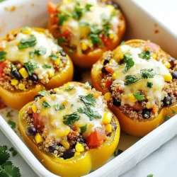 To make classic stuffed peppers, you will need: - 4 large bell peppers (any color) - 1 cup quinoa, rinsed - 2 cups vegetable broth - 1 can (15 oz) black beans, drained and rinsed - 1 cup corn (fresh or frozen) - 1 cup diced tomatoes (canned or fresh) - 1 teaspoon cumin - 1 teaspoon chili powder - Salt and pepper to taste - 1 cup shredded cheese (cheddar or a blend) - Fresh cilantro for garnish (optional) When picking bell peppers, look for ones that are firm and bright. The skin should be smooth and shiny. Avoid any with soft spots or blemishes. Different colors like red, yellow, or green add a fun twist. Each color has a unique taste, so choose what you love! You can change up the filling to fit your taste. Here are some ideas: - Use rice instead of quinoa for a different texture. - Swap black beans for kidney beans or lentils. - Add chopped onions or garlic for extra flavor. - Mix in some cooked ground meat for protein. - Try using different cheese types, like feta or pepper jack, for a kick. Feel free to get creative and make it your own! {{ingredient_image_1}} Start by washing the bell peppers. Choose four large ones for best results. Cut off the tops of the peppers and remove the seeds and membranes. This step is key. It lets all the flavors soak in. Set the peppers aside. You will stuff them later. Next, rinse one cup of quinoa under cold water. This helps remove bitterness. In a medium saucepan, combine the rinsed quinoa and two cups of vegetable broth. Bring the mixture to a boil. Reduce the heat to low, cover, and simmer for about 15 minutes. The quinoa should be fluffy when ready. In a large bowl, mix the cooked quinoa with the black beans, corn, and diced tomatoes. Add one teaspoon of cumin and one teaspoon of chili powder. Season with salt and pepper to taste. Mix everything well. This creates a flavorful filling for your peppers. Now, it's time to stuff the peppers. Pack the quinoa mixture tightly into each pepper. Place the stuffed peppers upright in a baking dish. If they wobble, slice a little off the bottom to make them stable. Sprinkle one cup of shredded cheese on top of each stuffed pepper. Cover the dish with aluminum foil. Bake in your preheated oven at 375°F for 30 minutes. Then, remove the foil and bake for another 10 to 15 minutes. This step makes the cheese bubbly and golden. Let the stuffed peppers cool for a few minutes before serving. If you like, garnish with fresh cilantro for a nice touch. Enjoy your delicious meal! Ovens can vary in heat. If your oven runs hot, check your stuffed peppers a bit early. For a cooler oven, add a few extra minutes. This way, your peppers cook just right. To cook evenly, place your stuffed peppers in the center of the oven. This helps them heat from every side. You can also rotate the dish halfway through cooking. This small step makes a big difference! If your peppers wobble, trim a small bit off the bottom. This helps them stand firm. You can also use a muffin tin. It keeps the peppers upright while they bake. Pro Tips Choose Colorful Peppers: Using a mix of red, yellow, and green bell peppers not only enhances the visual appeal but also adds different flavor notes to your dish. Cook Quinoa in Broth: Cooking quinoa in vegetable broth instead of water infuses it with flavor, making the filling even more delicious. Customizable Filling: Feel free to customize the filling by adding ingredients such as diced onions, jalapeños, or your favorite spices to personalize the flavor. Make Ahead: You can prepare the stuffed peppers a day in advance and store them in the refrigerator. Just pop them in the oven when you're ready to serve! {{image_2}} You can make stuffed peppers without meat. A great swap is using lentils instead of meat. Lentils add protein and fiber. You can also replace quinoa with brown rice for a hearty base. Try using different vegetables, like zucchini or spinach, to add more flavor. These swaps keep the dish fresh and tasty. If you love meat, you can add ground beef or turkey to your filling. Brown the meat in a pan before mixing it with the veggies and quinoa. This step adds a rich taste. You can also use chicken or sausage for different flavors. Just be sure to cook them well to keep everything safe. Want to spice things up? Add jalapeños or hot sauce for a kick. You can also try a Mediterranean twist using feta cheese, olives, and herbs like oregano or basil. These choices bring new tastes to your stuffed peppers. Don't be afraid to experiment and find your favorite blend! To store leftover stuffed peppers, let them cool first. Place them in an airtight container. Keep them in the fridge. They stay fresh for about three to four days. If you want to keep them longer, freezing is a great option. Freezing stuffed peppers is easy. Wrap each pepper tightly in plastic wrap. Then, place them in a freezer bag. This way, they won’t get freezer burn. These peppers can last up to three months in the freezer. When you are ready to eat, just thaw them overnight in the fridge. Reheating stuffed peppers is simple. You can use the oven or microwave. For the oven, preheat it to 350°F (175°C). Place the peppers in a baking dish, cover with foil, and heat for about 20 minutes. If using a microwave, heat for about 2 to 3 minutes. Check to ensure they are warm all the way through. Enjoy your tasty meal! Yes, you can make stuffed peppers ahead of time. Prepare them and store them in the fridge for up to 24 hours. Just follow the recipe until the baking step. Cover the dish with foil to keep it fresh. When you're ready to eat, bake them as directed. This saves you time on busy days. Stuffed peppers pair well with many side dishes. Here are some tasty ideas: - A fresh garden salad - Garlic bread or rolls - Steamed veggies, like broccoli or green beans - Rice or quinoa on the side These dishes add color and flavor to your meal. Choose what you like best! Stuffed peppers are a healthy choice. They are low in calories and high in nutrients. The bell peppers provide vitamins A and C. Quinoa adds protein and fiber. Black beans bring even more protein and antioxidants. You can also adjust the recipe to fit your diet, making them a versatile meal option. Enjoy guilt-free! In this blog post, we covered everything about making tasty stuffed peppers. You learned about the right ingredients, step-by-step cooking instructions, and helpful tips for great results. We also explored fun variations and how to store leftovers for later. Stuffed peppers are easy to customize and can fit any meal occasion. With this knowledge, you can create your own perfect stuffed peppers, impress your family, and enjoy delicious flavors. Happy cooking!