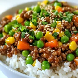For Korean ground beef bowls, you need these main items: - 1 lb ground beef - 1 cup frozen mixed vegetables (peas, carrots, corn) - 2 cups cooked rice (white, brown, or cauliflower rice) - 1 cup green onions, chopped (save some for garnish) The right seasonings make this dish pop. Hereβs what to include: - 3 tablespoons soy sauce - 1 tablespoon brown sugar - 2 tablespoons sesame oil - 4 cloves garlic, minced - 1 tablespoon ginger, minced - 1 teaspoon crushed red pepper flakes (adjust to your taste) Garnishes add flair to your meal. Consider these options: - Additional chopped green onions - Sesame seeds for a nice crunch Using these ingredients, you create a dish full of flavor and color. Each one plays a role in making this meal tasty and fun! {{ingredient_image_1}} First, gather your ingredients. You will need: - 1 lb ground beef - 3 tablespoons soy sauce - 1 tablespoon brown sugar - 2 tablespoons sesame oil - 4 cloves garlic, minced - 1 tablespoon ginger, minced - 1 cup green onions, chopped (keep some for garnish) - 1 teaspoon crushed red pepper flakes - 1 cup frozen mixed vegetables (peas, carrots, corn) - 2 cups cooked rice (white, brown, or cauliflower rice) - Sesame seeds for garnish Make sure to wash your vegetables. Chop the green onions, and set some aside for later. This step helps with easy cooking. Now, in a mixing bowl, combine the ground beef with soy sauce, brown sugar, sesame oil, minced garlic, minced ginger, and crushed red pepper flakes. Mix it well. This marinade gives the beef great flavor. Next, heat a large skillet over medium-high heat. Add the beef mixture to the skillet. Cook for about 5-7 minutes. Break the meat apart with a spatula as it cooks. You want it to brown and be fully cooked. After the beef is cooked, add the frozen mixed vegetables to the skillet. Stir everything together. Cook for another 3-4 minutes until the vegetables are hot. Now, reduce the heat to low. Stir in the chopped green onions, saving a few for garnish. Let everything heat through for 1-2 minutes. To serve, place a scoop of cooked rice in each bowl. Top it with the tasty beef and vegetable mix. Finally, sprinkle sesame seeds and extra green onions on top for a nice touch. Enjoy your meal! To get the best flavor from your beef, follow these tips: - Use fresh ground beef for better taste. - Mix the beef with soy sauce, brown sugar, and spices well. - Cook on medium-high heat. This helps brown the beef quickly. - Break the beef apart as it cooks. This keeps it tender. - Donβt overcrowd the skillet; it steams the meat. Spice can make or break your dish. To adjust it: - Start with 1 teaspoon of crushed red pepper. - Taste as you cook. You can add more if needed. - If it's too spicy, add a bit of sugar or more vegetables. - Serve with a cooling side like cucumber salad to balance heat. Rice is a great base for Korean Ground Beef Bowls. Here are your choices: - White rice is classic and fluffy. - Brown rice adds a nutty flavor and more fiber. - Cauliflower rice is low-carb and adds a fresh taste. - Quinoa is another healthy option with protein. Choose the one you like best for your meal! Pro Tips Use Lean Beef: Opt for lean ground beef to reduce excess fat in the dish, making it healthier while still packed with flavor. Customize Vegetables: Feel free to swap out the frozen mixed vegetables for fresh ones or your favorites, like bell peppers or broccoli, for added texture and nutrition. Adjust Spice Level: Modify the crushed red pepper flakes according to your heat preference; you can even add a dash of sriracha for an extra kick. Meal Prep Friendly: This dish is great for meal prep! Make a larger batch and portion it out for easy lunches or dinners throughout the week. {{image_2}} You can make this dish vegetarian or vegan easily. Instead of beef, use crumbled tofu or tempeh. Both options soak up the flavors well. You can also try lentils for a hearty texture. For a plant-based sauce, swap soy sauce for a vegan version. Brown sugar is usually vegan, but check the label. This keeps your dish tasty and friendly for all diets. If you want to change the protein, ground turkey or chicken works great too. They cook in the same way as beef. For a seafood twist, try using shrimp instead. Cook it quickly so it stays tender. These choices let you enjoy the same flavors while mixing up the protein. You can also switch between these options to find your favorite. Feel free to play with the veggies in this dish. You can add bell peppers, broccoli, or snap peas for crunch. Fresh spinach or kale is great to sneak in some greens. Try zucchini or mushrooms for a different flavor. Mix and match based on what you have at home. This keeps the dish fresh and fun every time you make it. To keep your Korean ground beef bowls fresh, place leftovers in an airtight container. Make sure the beef and rice cool down first. Store it in the fridge for up to three days. This way, you can enjoy your meal later without losing flavor. When you're ready to eat, reheat the leftovers in a skillet on medium heat. Stir often to heat evenly and avoid burning. You can also use the microwave. Heat in short bursts of 30 seconds, stirring in between, until hot. This keeps the beef moist and tasty. If you want to save your Korean ground beef bowls for later, freezing is a great option. Put the cooled beef and rice in a freezer-safe container. It can last up to three months in the freezer. When you're ready to eat, defrost in the fridge overnight before reheating. This way, you can enjoy this easy meal whenever you like! You can serve Korean Ground Beef Bowls with a few side dishes. Try kimchi for a spicy kick. You can also add pickled vegetables for a tangy crunch. A simple salad with sesame dressing works well, too. If you want more carbs, serve with extra rice or noodles. These sides enhance the meal and make it more filling. Yes, you can make Korean Ground Beef Bowls ahead of time. Cook the beef and vegetables, and store them in the fridge. The flavors will blend well overnight. You can also prepare rice in advance. Just reheat the beef mixture and rice when you are ready to eat. It saves time on busy days. To store Korean Ground Beef Bowls, place them in an airtight container. Keep them in the fridge for up to three days. For reheating, use the microwave or a skillet. If using a microwave, heat in short bursts. Stir in between to ensure even heating. If you use a skillet, add a splash of water to avoid drying out the beef. Enjoy your meal again with great taste! This blog post guides you through making Korean Ground Beef Bowls. Weβve covered ingredients, cooking steps, and tips for great flavor. You learned about beef cooking, spice adjustments, and tasty variations. We also explored storage, reheating, and meal prep options. To enjoy this dish to the fullest, donβt be afraid to experiment with flavors. Now you have the tools to create a delicious meal that fits your taste. Enjoy your cooking journey!