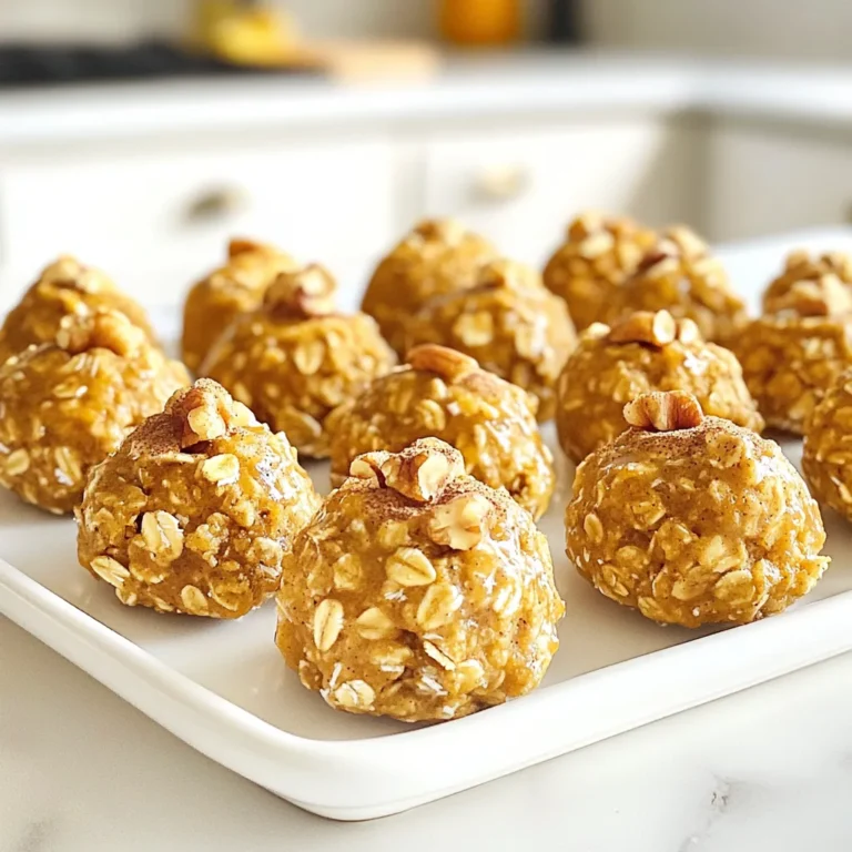 - 1 cup rolled oats - 1/2 cup pumpkin puree - 1/4 cup almond butter (or peanut butter) - 1/4 cup pure maple syrup - 1 teaspoon vanilla extract - 1 teaspoon pumpkin spice - 1/4 teaspoon salt - 1/4 cup chopped walnuts (or pecans) - Optional: 1/4 cup mini chocolate chips These ingredients come together to create a tasty and healthy snack. Each item plays a key role in the flavor and texture of the oat bites. The rolled oats provide a chewy base, while the pumpkin puree adds moisture and a hint of sweetness. Almond butter or peanut butter gives a rich, nutty taste. Pure maple syrup enhances the sweetness and adds a lovely caramel flavor. Don’t forget the vanilla extract, as it rounds out the taste perfectly. Pumpkin spice brings warmth and depth, making these snacks feel cozy. A pinch of salt balances the sweetness and enhances all the flavors. If you want a little crunch, the chopped walnuts or pecans add a nice texture. For a sweet touch, mini chocolate chips can be stirred in. These ingredients make a perfect blend for no-bake bites that are simple and satisfying. You need just a few steps to make these oat bites. Start by gathering your ingredients. You will need rolled oats, pumpkin puree, almond butter, maple syrup, vanilla extract, pumpkin spice, salt, and walnuts. Optional chocolate chips can add a fun touch. In a large bowl, add all the dry and wet ingredients. This includes the oats, pumpkin puree, almond butter, maple syrup, vanilla extract, pumpkin spice, and salt. Use a spatula or spoon to mix until everything blends well. The mixture should feel sticky but still hold together. Once mixed, it's time to shape your bites. Scoop out about one tablespoon of the mixture. Roll it into a small ball using your hands. You can add chopped walnuts or mini chocolate chips to each ball if you like. Place each formed bite on a parchment-lined tray. Now that you have all your oat bites rolled, it's time to chill them. Place the tray in the fridge for at least 30 minutes. This helps the bites firm up and makes them easier to eat. After chilling, they are ready to enjoy as a quick snack or energy boost! To get the best texture for your no bake maple pumpkin oat bites, the mixture must be sticky but moldable. If it feels too dry, add a little more pumpkin puree or almond butter. If it's too wet, sprinkle in a bit more rolled oats. This balance is key to forming perfect bites. You can change the flavor by swapping out the almond butter for peanut butter or cashew butter. For extra sweetness, consider adding dried fruits like cranberries or raisins. Mini chocolate chips add a nice touch too! Each change can bring new joy to your bites. To make your oat bites look stunning, serve them on a rustic wooden board. A sprinkle of cinnamon on top will catch the eye. Adding a few extra chopped nuts around the bites creates a lovely, inviting display. This makes your snack not just tasty but beautiful too! {{image_2}} You can easily change the taste of your No Bake Maple Pumpkin Oat Bites. One simple way is by substituting nut butters. Almond butter gives a mild flavor. Peanut butter adds a richer taste. You can even try cashew butter for a creamy twist. Adding dried fruits is another great option. Chopped dates or raisins provide natural sweetness. You can also use cranberries for a tart kick. Just remember to adjust the amount of sweetener if you add sweet dried fruits. If you want a vegan version, use maple syrup and nut butter. Both are plant-based and work well. Also, make sure your oats are certified gluten-free. This way, everyone can enjoy the bites. For gluten-free options, choose oats labeled gluten-free. This keeps the recipe safe for those with gluten intolerance. You can also swap in seeds, like sunflower or pumpkin seeds, for a nut-free snack. - At room temperature: You can keep your oat bites at room temperature for up to two days. Make sure to place them in an airtight container. This keeps them fresh and tasty. - In the refrigerator: For longer storage, place the bites in the fridge. They can last up to one week in an airtight container. Chilling makes them firm and easy to munch on. The shelf life of these bites is about one week when stored properly. If you keep them at room temperature, eat them within two days. This ensures they stay fresh and delicious. To freeze these bites, place them on a baking sheet in a single layer. Freeze until solid, then transfer them to a freezer bag. They can last for up to three months in the freezer. When you want a quick snack, just take out a few and let them thaw. Enjoy the ease and taste of homemade treats! To make these bites gluten-free, simply use certified gluten-free rolled oats. Many brands offer oats that are processed in a gluten-free facility. This way, you avoid any cross-contamination with gluten. You can enjoy the same great taste while keeping it safe for gluten-sensitive eaters. Yes, you can use a different sweetener. Honey or agave syrup works well if you prefer. You can also use stevia if you want a low-calorie option. Just be sure to adjust the amount based on the sweetness level of your substitute. Each sweetener adds a unique flavor. You have many options for add-ins. Try dried fruit like cranberries or raisins for extra sweetness. You can also add seeds like chia or flax for added nutrition. If you like a crunch, consider sunflower seeds or extra nuts. Mini chocolate chips add a fun twist too! We explored how to make delicious oat bites with simple ingredients and easy steps. You can mix oats, pumpkin, and nut butter, then chill them for a tasty snack. I shared tips for the right texture and fun variations to try, such as using different nut butters or adding dried fruits. Store your bites at room temperature or freeze them for later. Enjoy creating these healthy treats that fit your tastes and dietary needs!